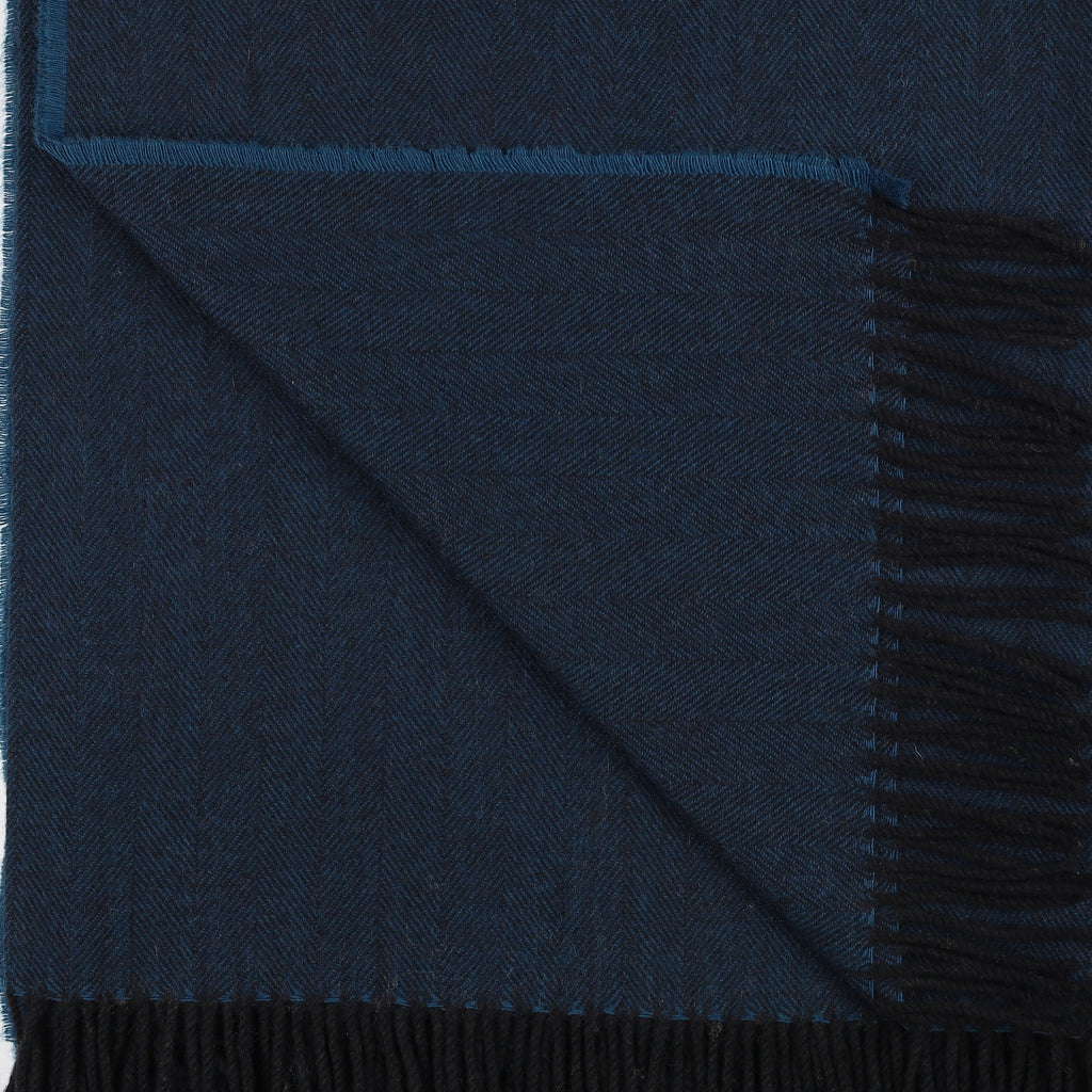 Brand New Scottish Deep Petrol Blue Herringbone Luxury Woven Cashmere Blanket