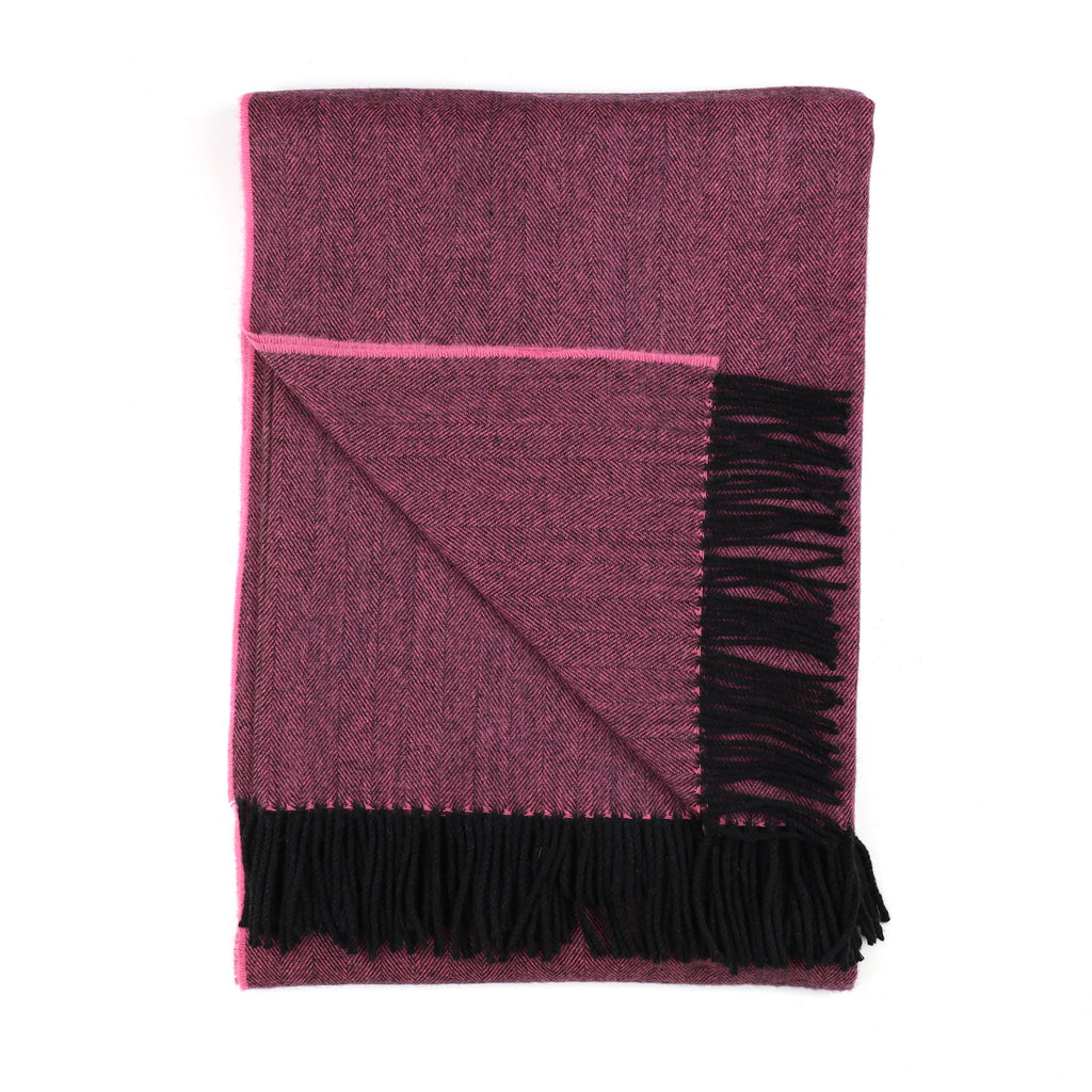 Brand New Scottish Rose Pink and Black Herringbone Luxury Woven Cashmere Blanket