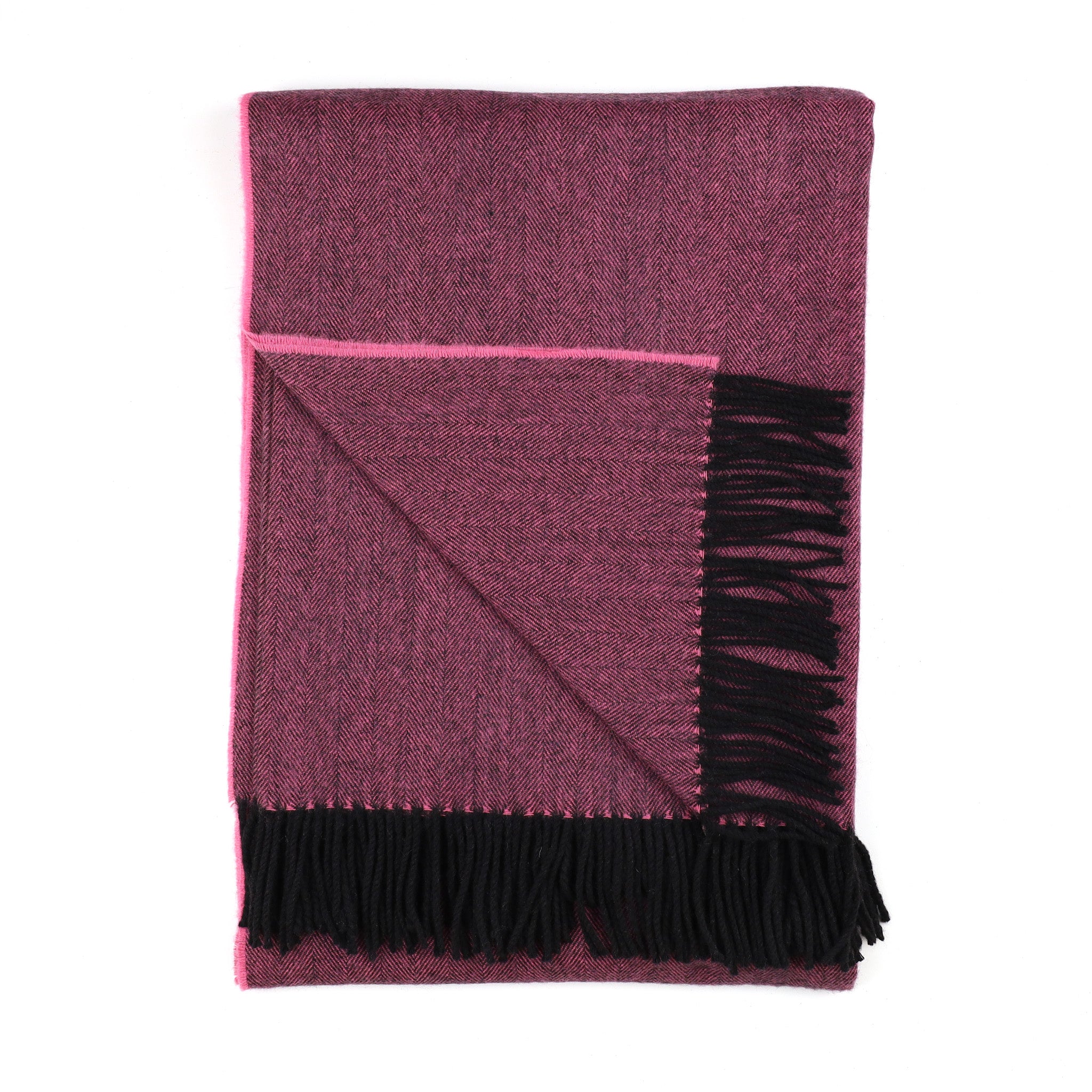 Brand New Scottish Rose Pink and Black Herringbone Luxury Woven Cashmere Blanket