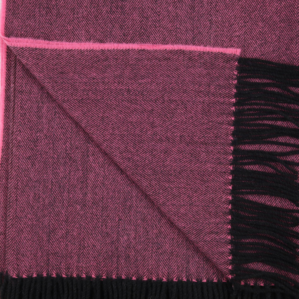 Brand New Scottish Rose Pink and Black Herringbone Luxury Woven Cashmere Blanket