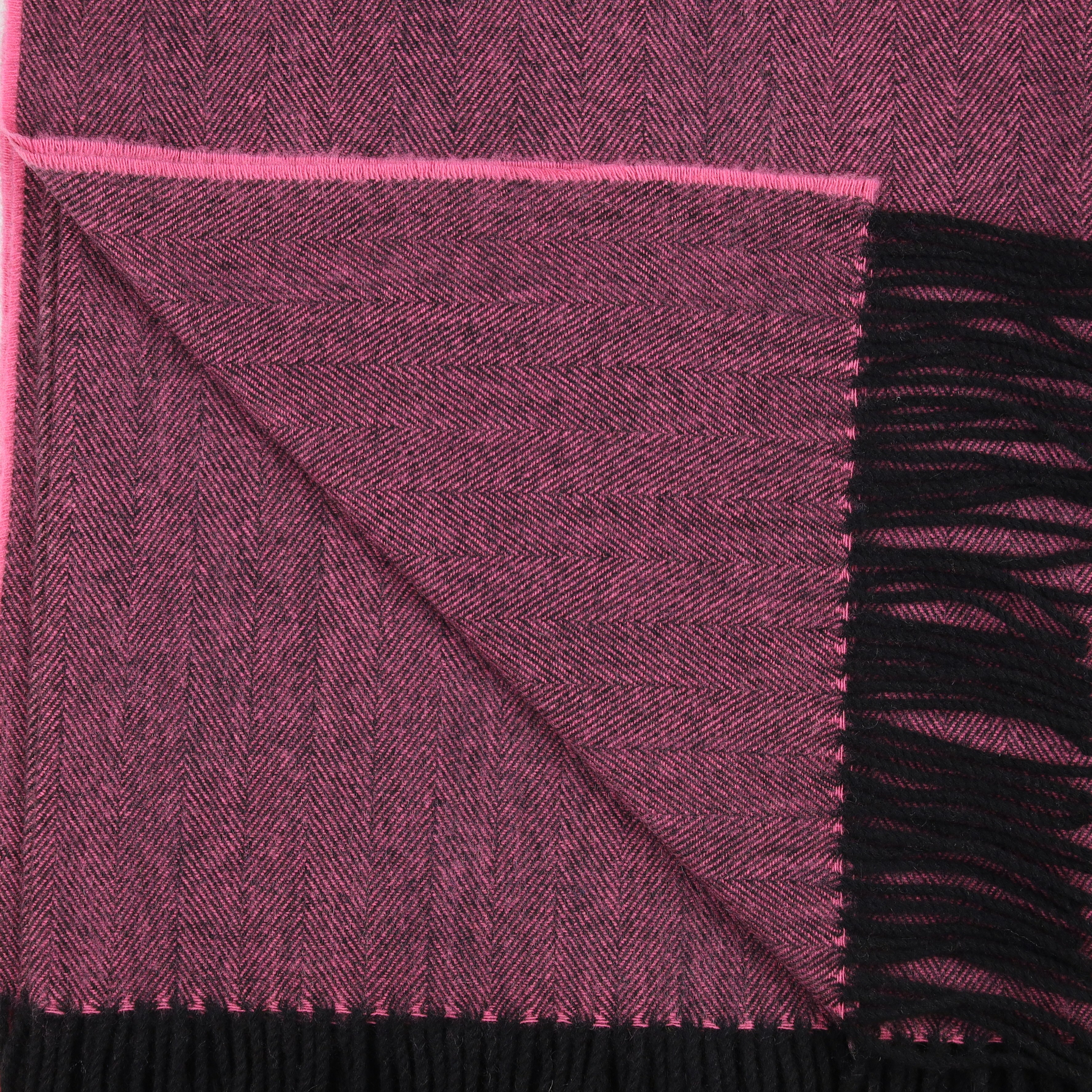 Brand New Scottish Rose Pink and Black Herringbone Luxury Woven Cashmere Blanket