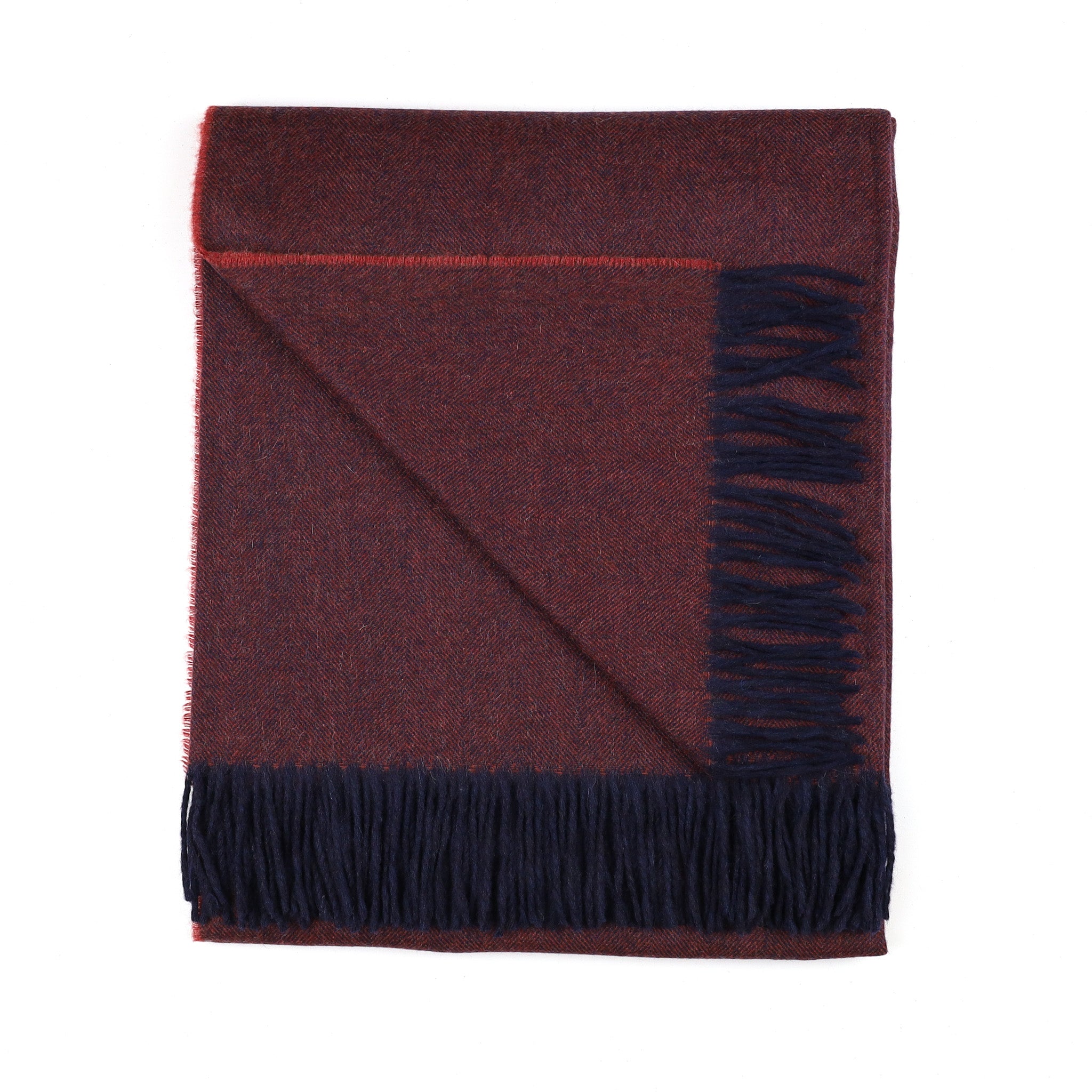 Brand New Scottish Brick Red and Navy Herringbone Luxury Woven Cashmere Blanket