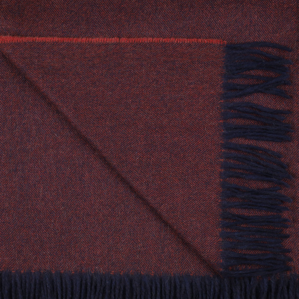 Brand New Scottish Brick Red and Navy Herringbone Luxury Woven Cashmere Blanket