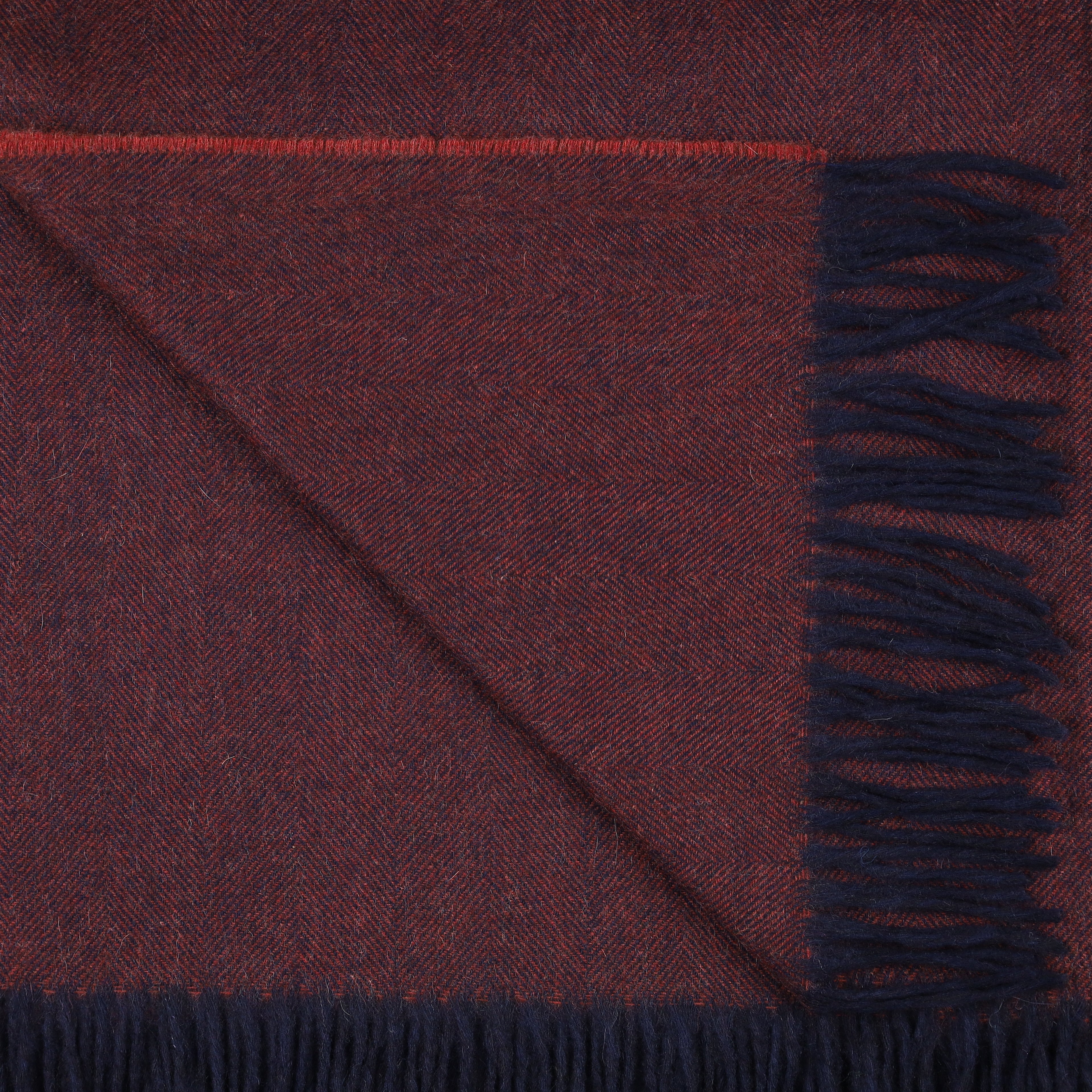 Brand New Scottish Brick Red and Navy Herringbone Luxury Woven Cashmere Blanket