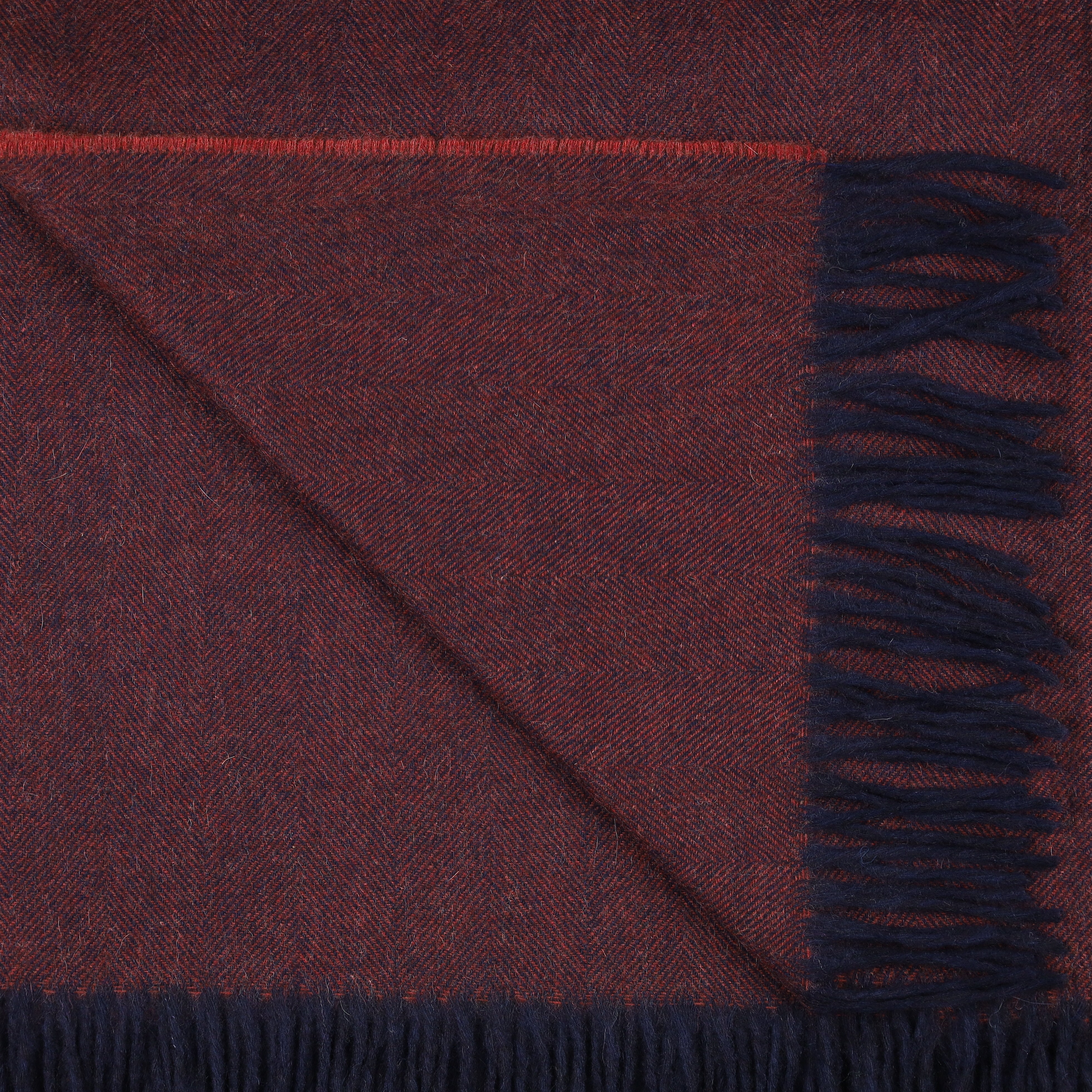 Brand New Scottish Brick Red and Navy Herringbone Luxury Woven Cashmere Blanket