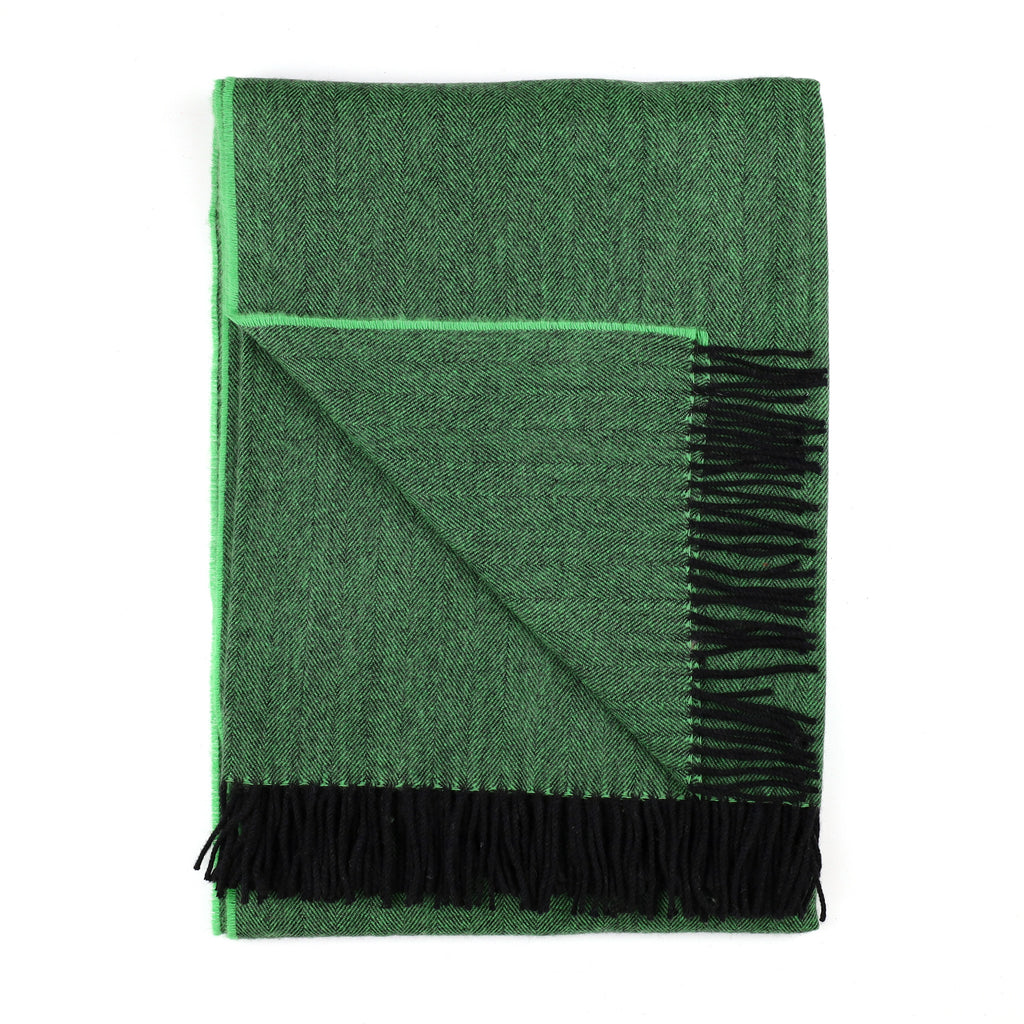 Brand New Scottish Jade Green and Black Herringbone Luxury Woven Cashmere Blanket
