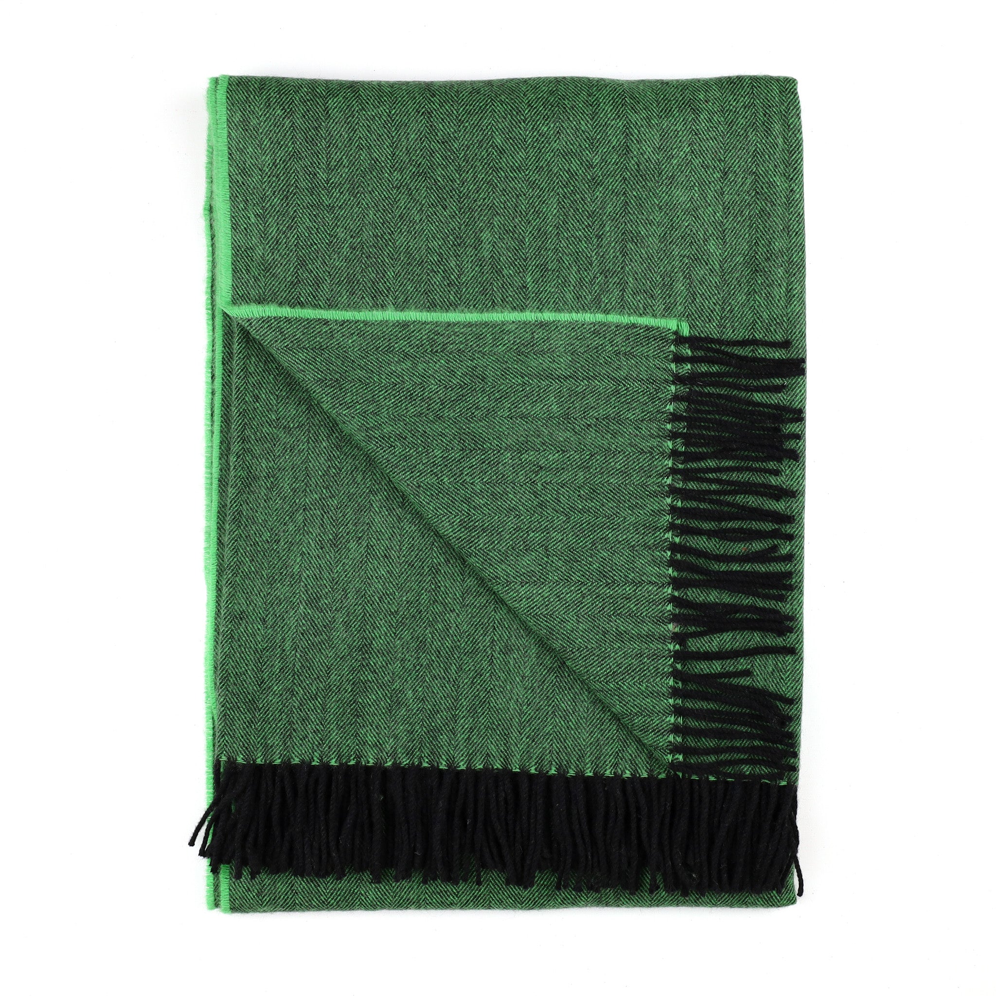 Brand New Scottish Jade Green and Black Herringbone Luxury Woven Cashmere Blanket