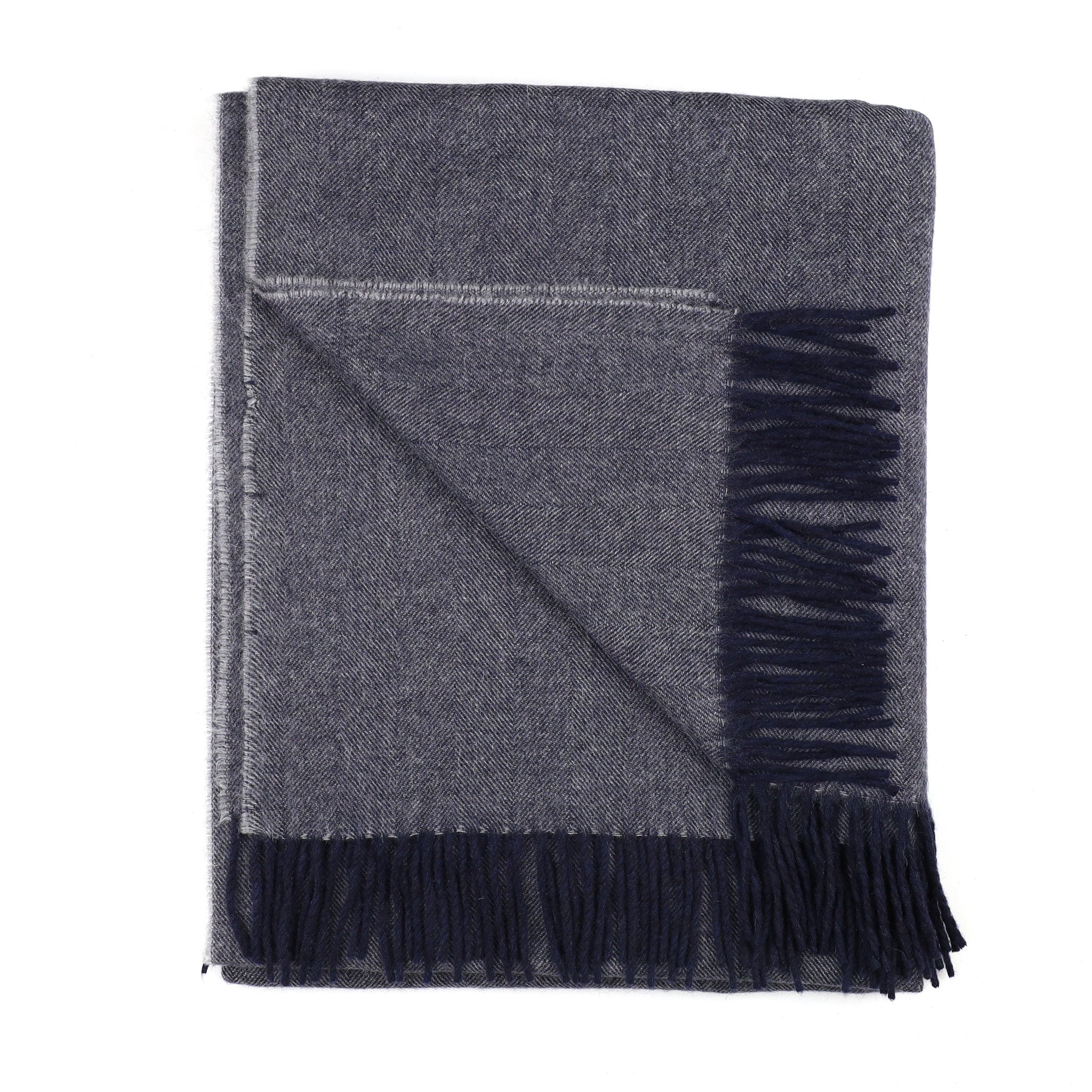 Brand New Scottish Navy and Ash Grey Herringbone Luxury Woven Cashmere Blanket