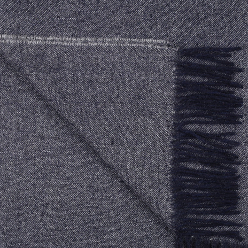 Brand New Scottish Navy and Ash Grey Herringbone Luxury Woven Cashmere Blanket