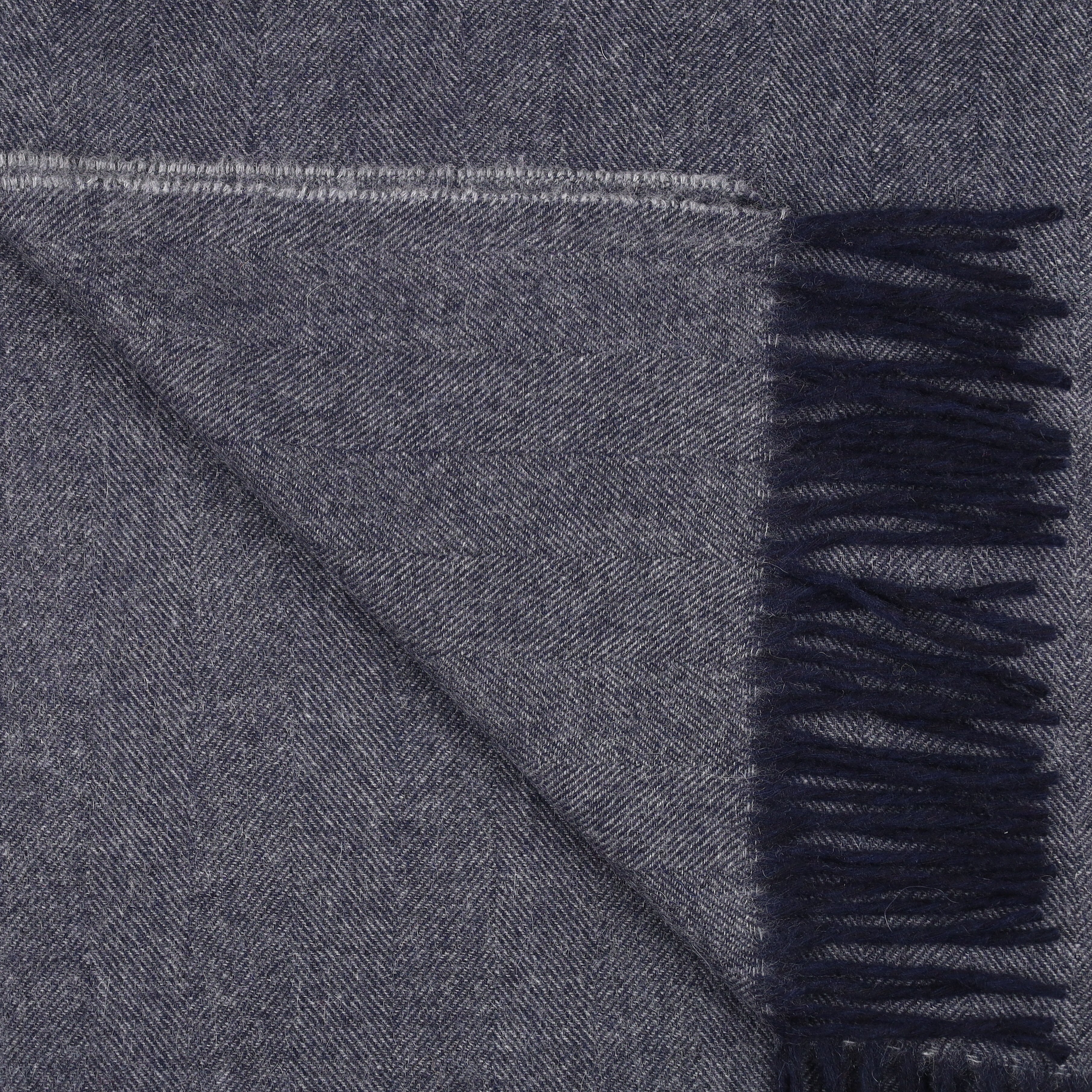 Brand New Scottish Navy and Ash Grey Herringbone Luxury Woven Cashmere Blanket