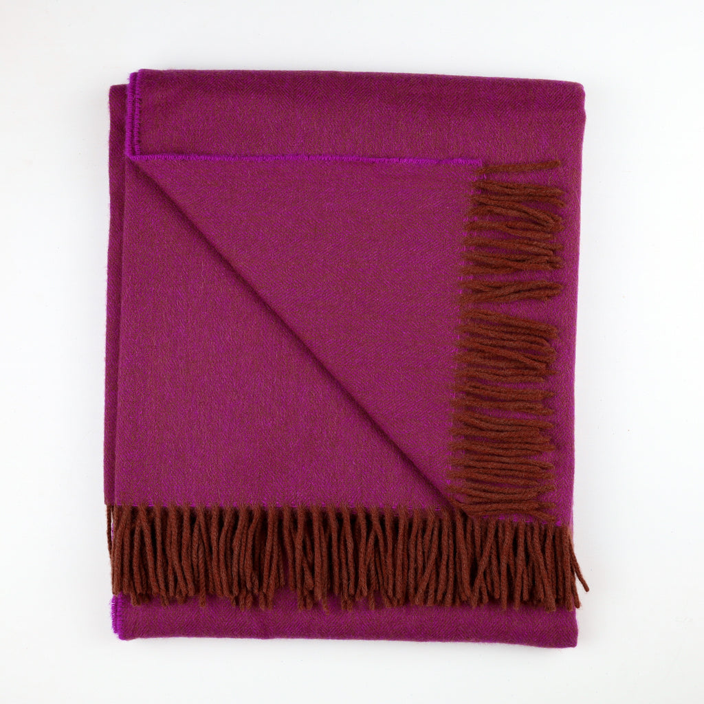 Brand New Scottish Magenta and Cinnamon Herringbone Luxury Woven Cashmere Blanket