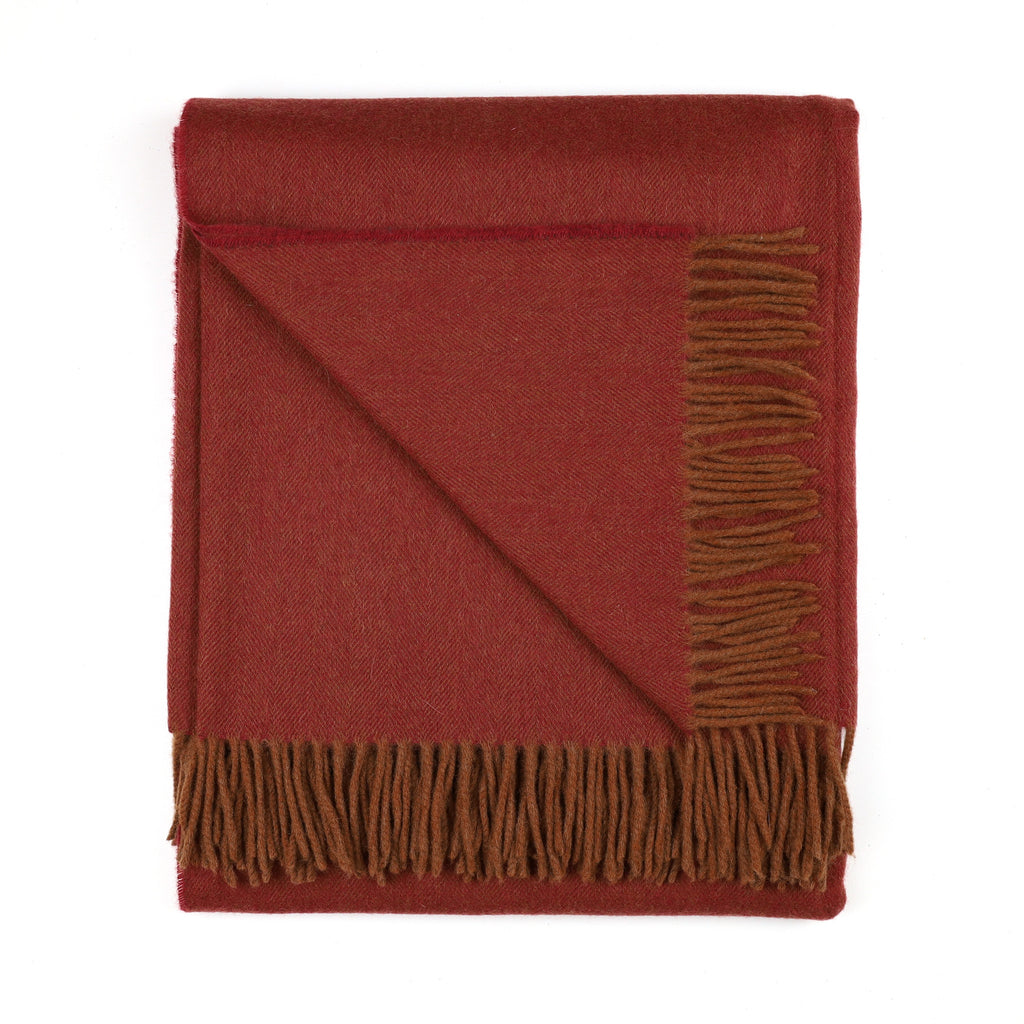 Brand New Scottish Brick Red and Cinnamon Herringbone Luxury Woven Cashmere Blanket