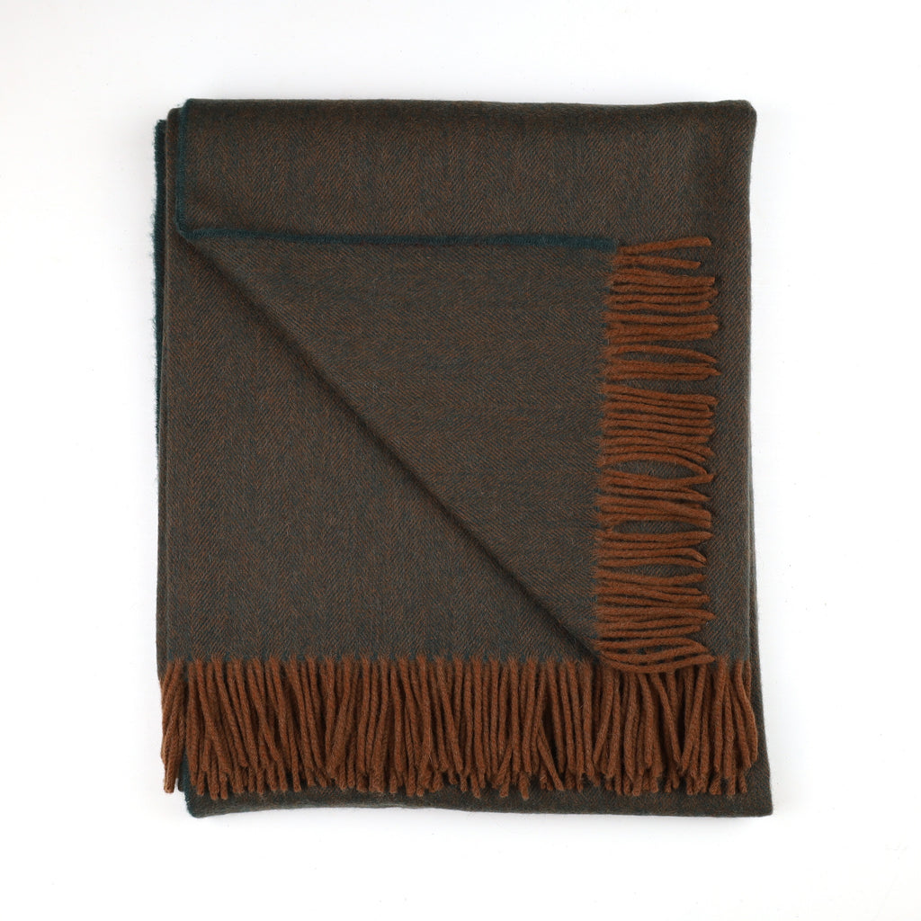 Brand New Scottish Forest Green and Cinnamon Herringbone Luxury Woven Cashmere Blanket