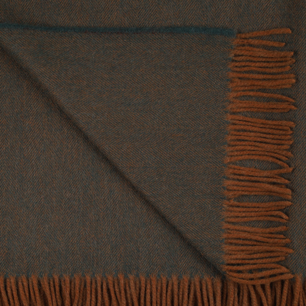 Brand New Scottish Forest Green and Cinnamon Herringbone Luxury Woven Cashmere Blanket