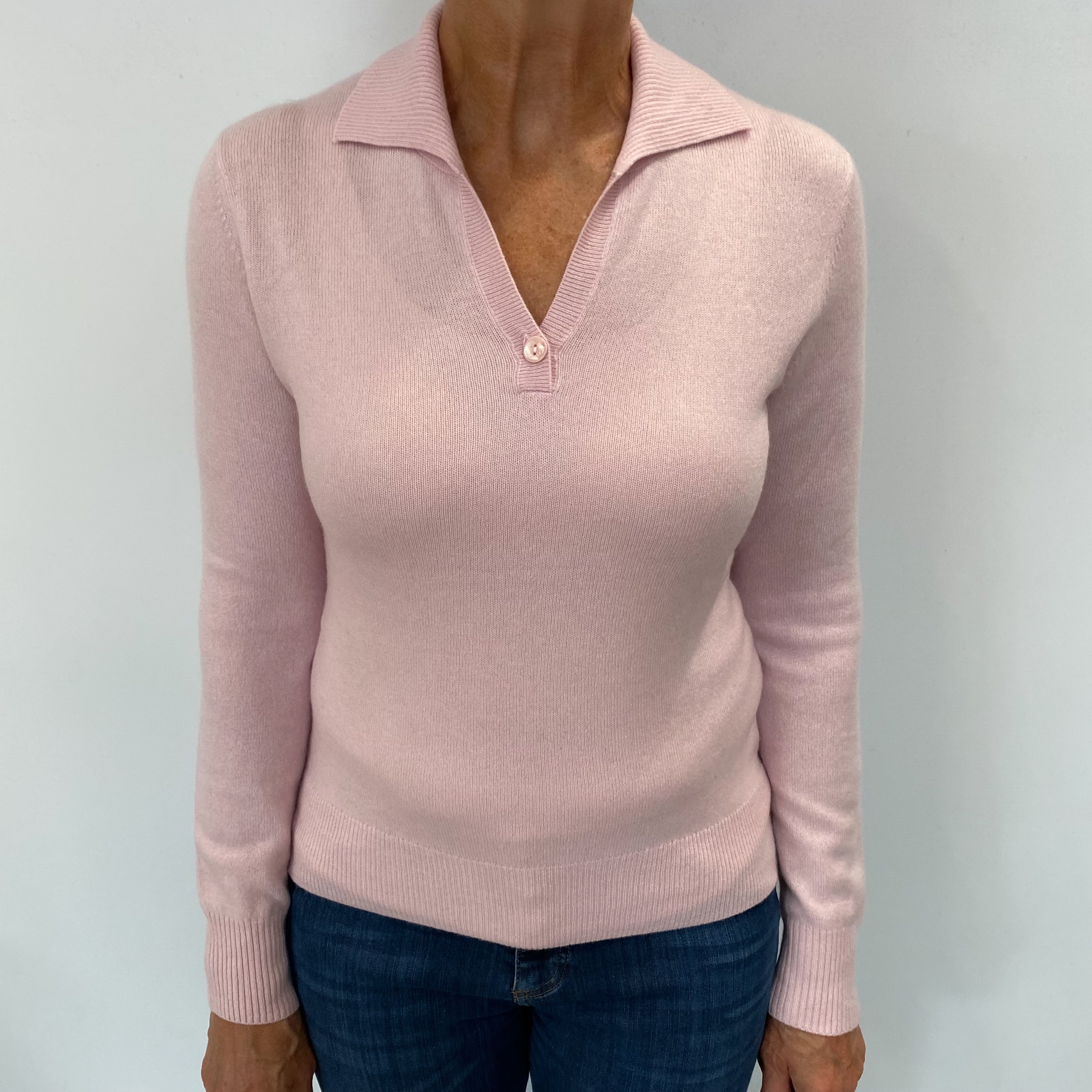 Carnation Pink Cashmere Collared V Neck Jumper Medium