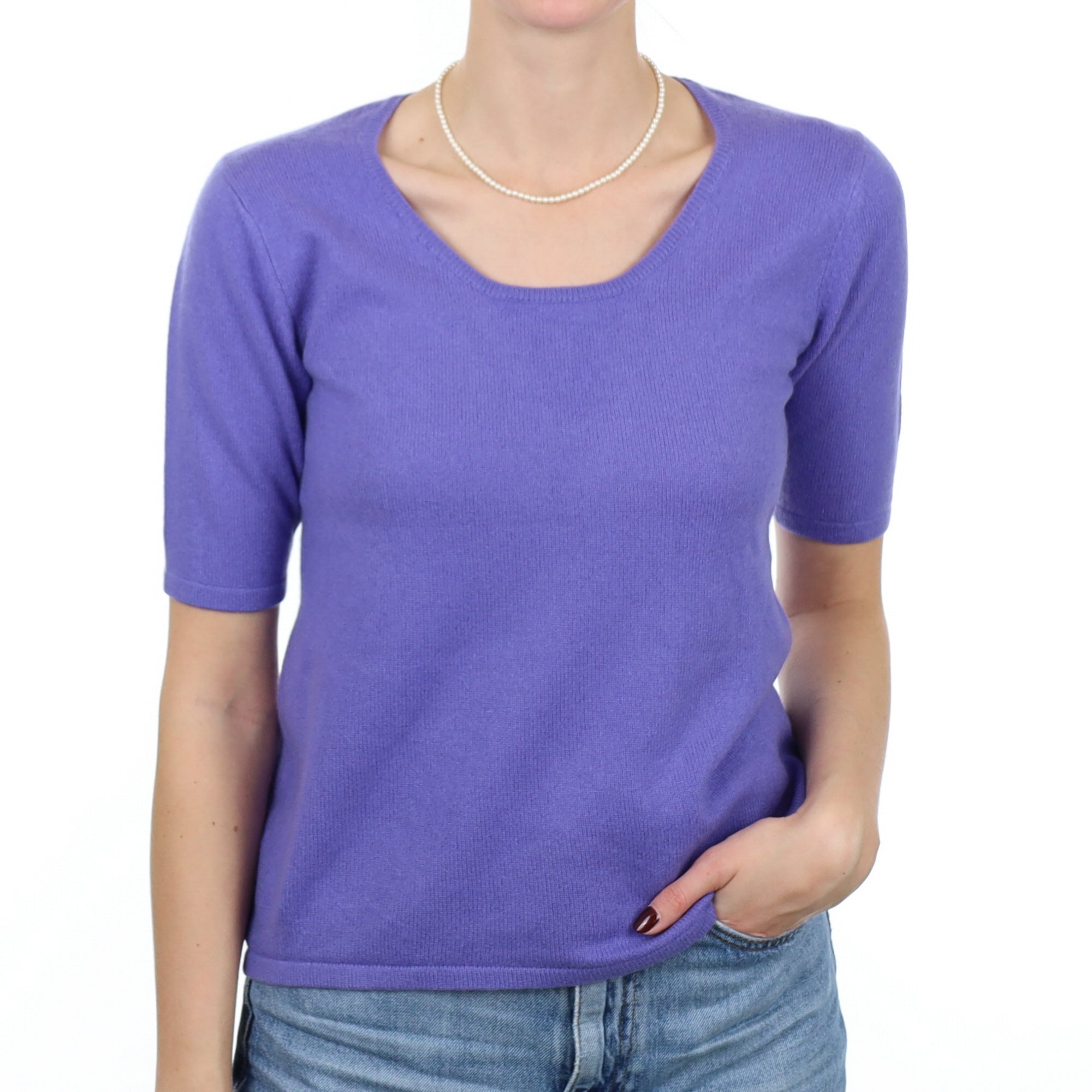 Bluebell Purple Cashmere Short Sleeve Scoop Neck Jumper Small