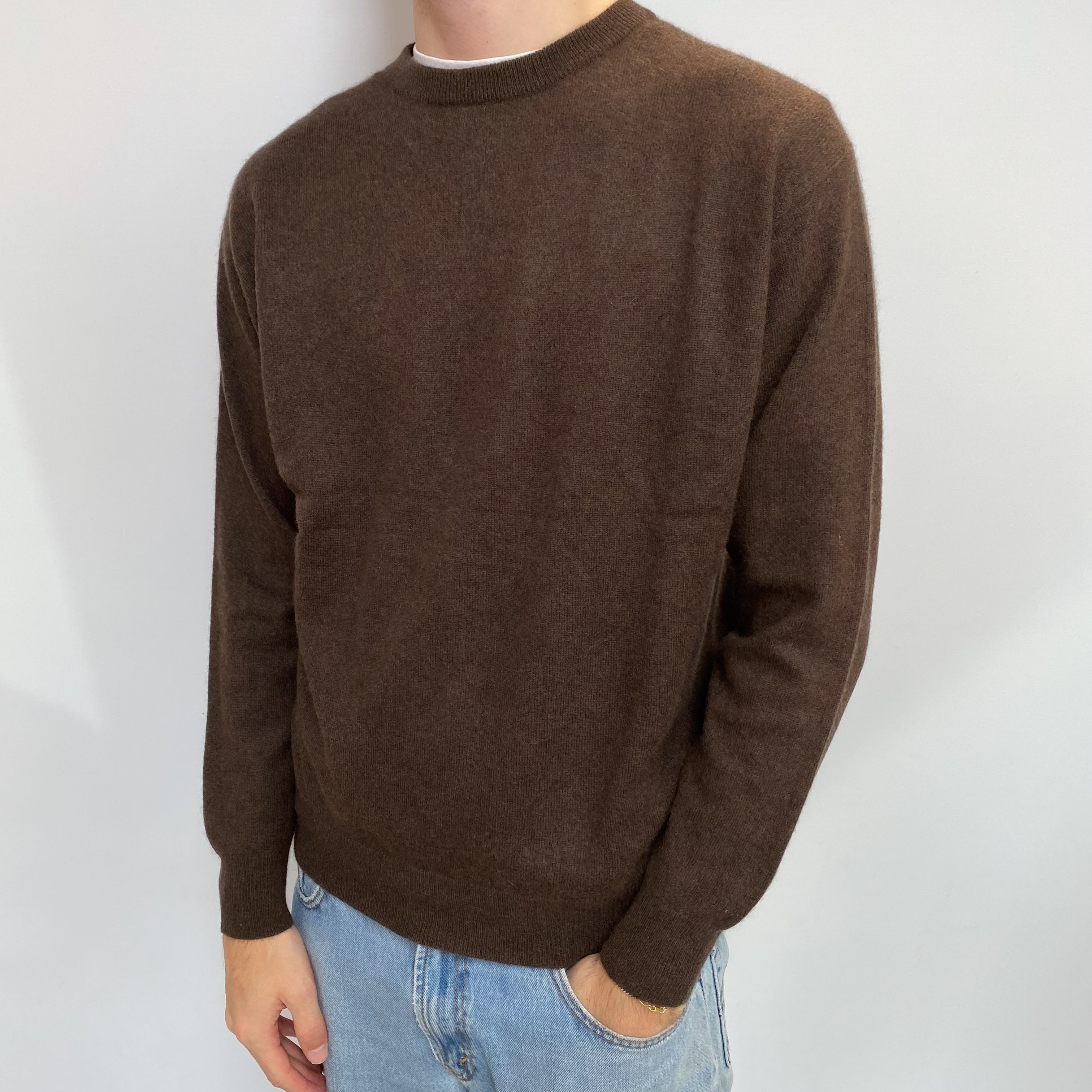 Men's Mole Brown Cashmere Crew Neck Jumper Large