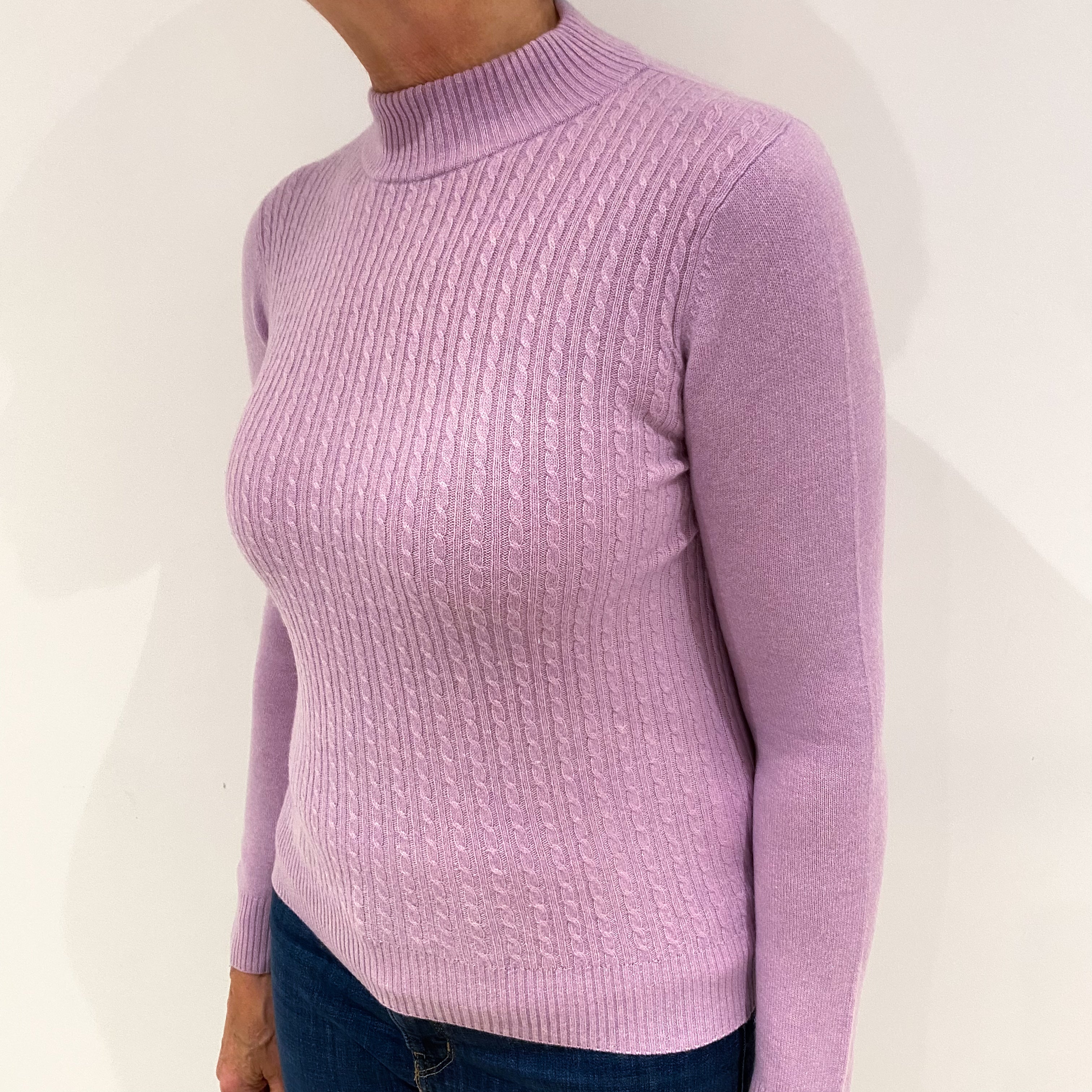 Lilac Purple Cable Cashmere Turtle Neck Jumper Medium