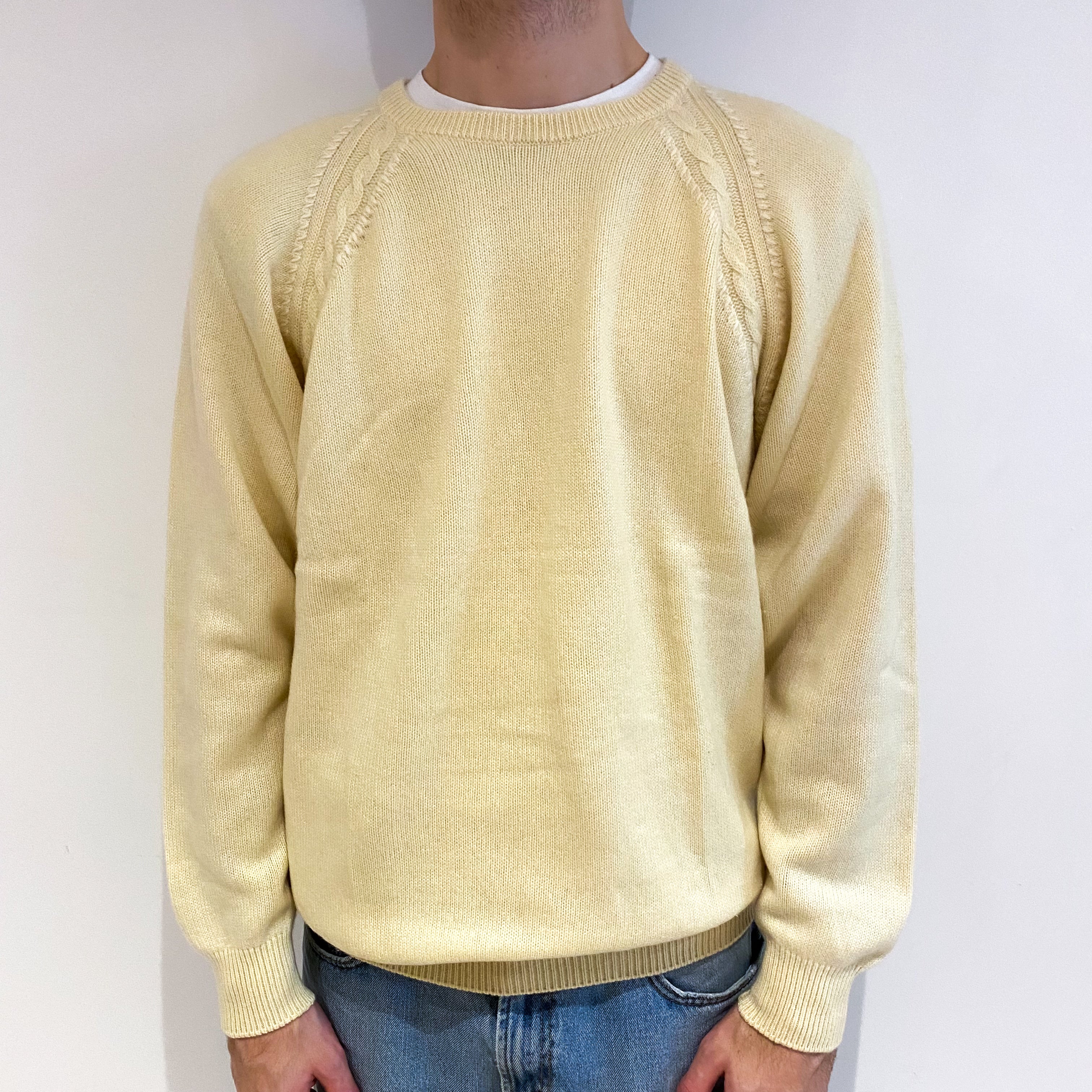 Men's Lemon Yellow Cashmere Crew Neck Jumper Large