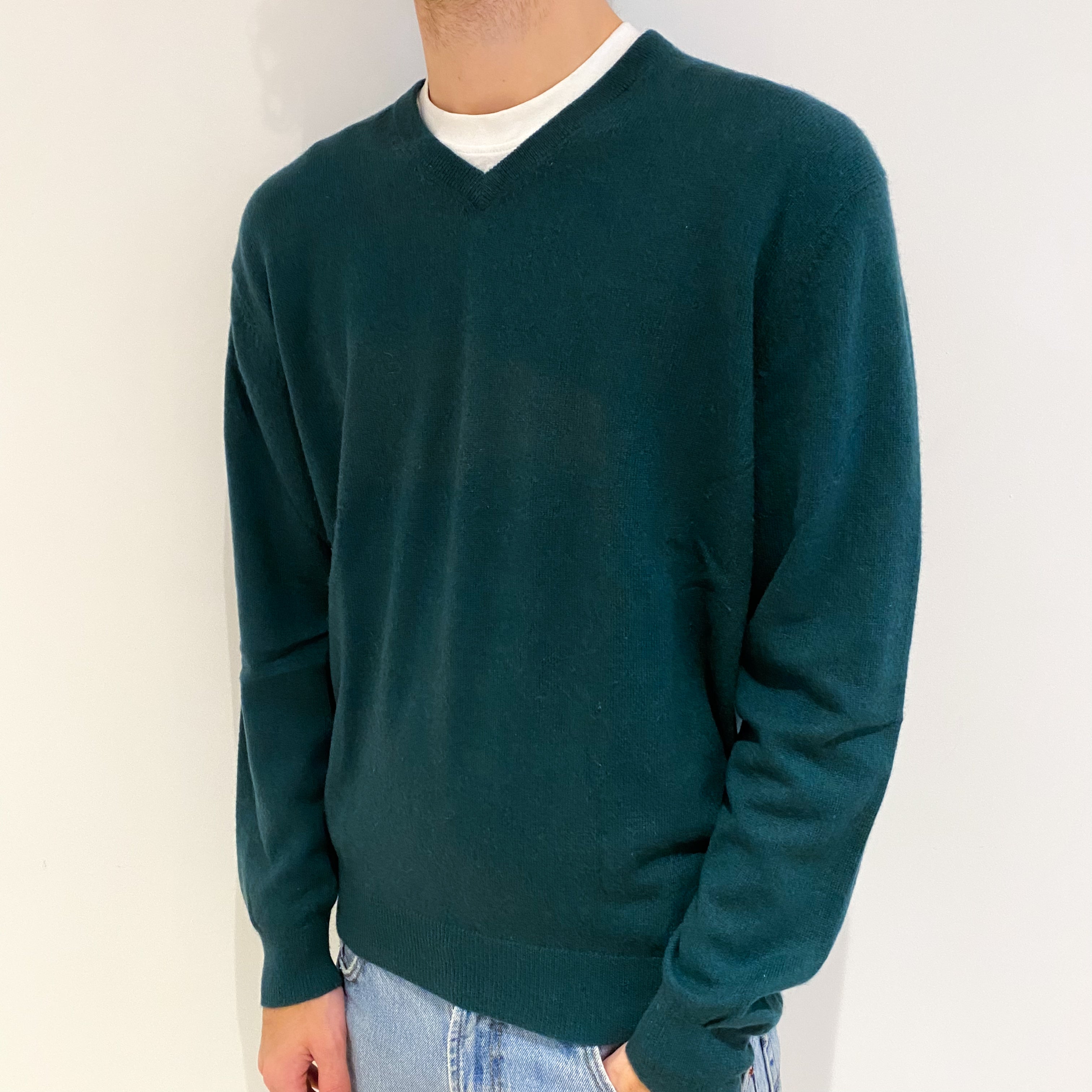 Men's Spruce Green Cashmere V Neck Jumper Large