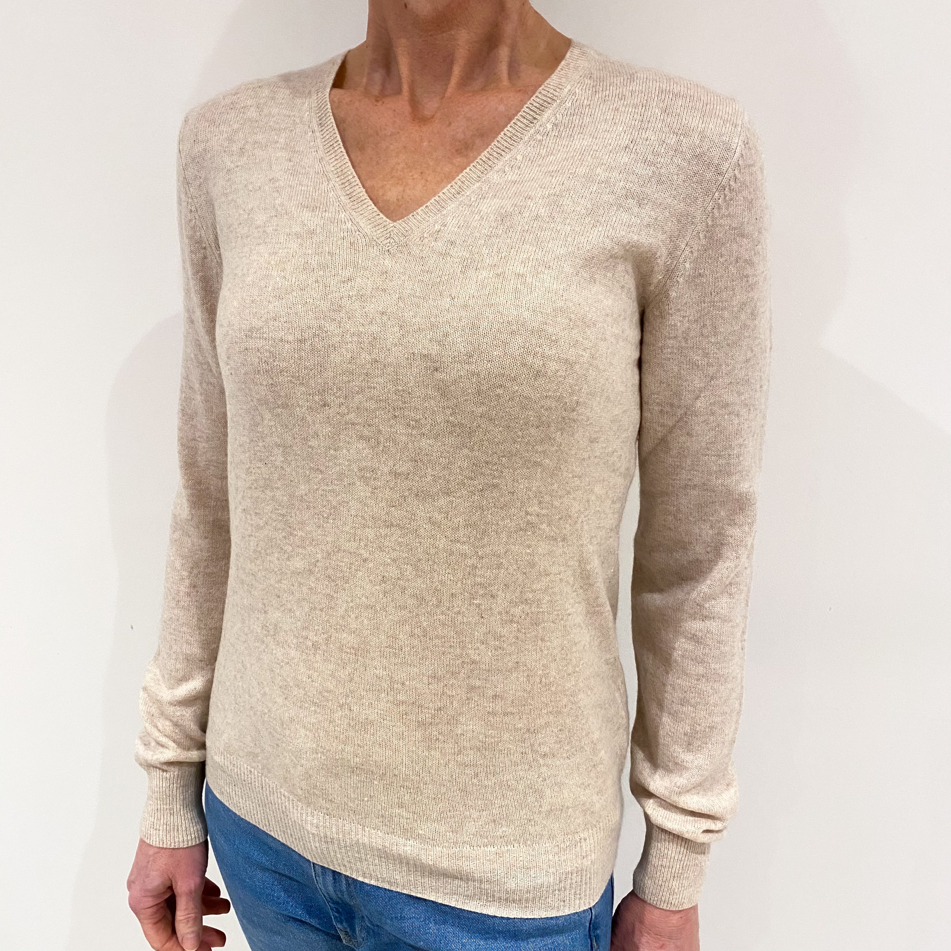 Honey Beige Cashmere V Neck Jumper Small