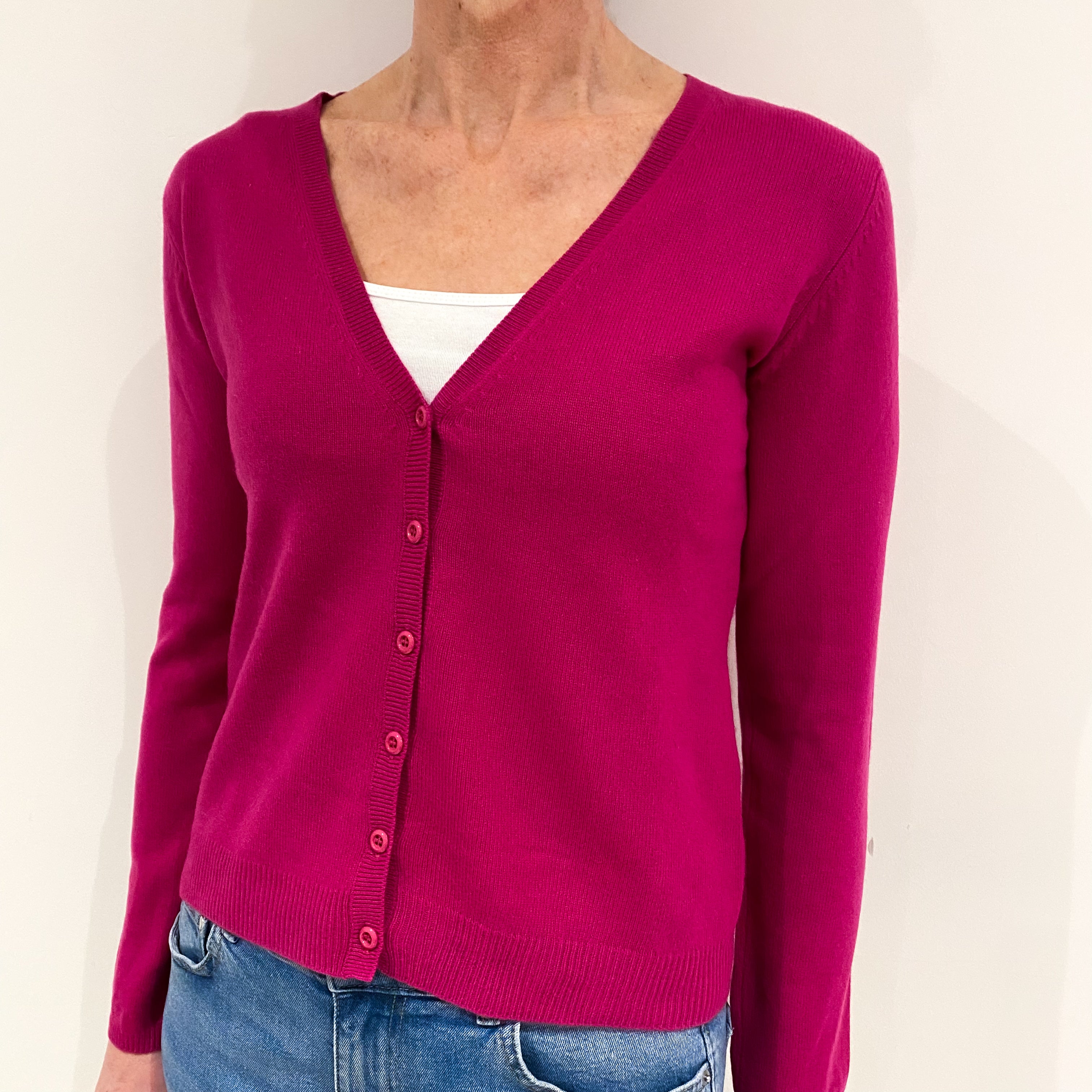 Fuchsia Pink Cashmere V Neck Cardigan Small
