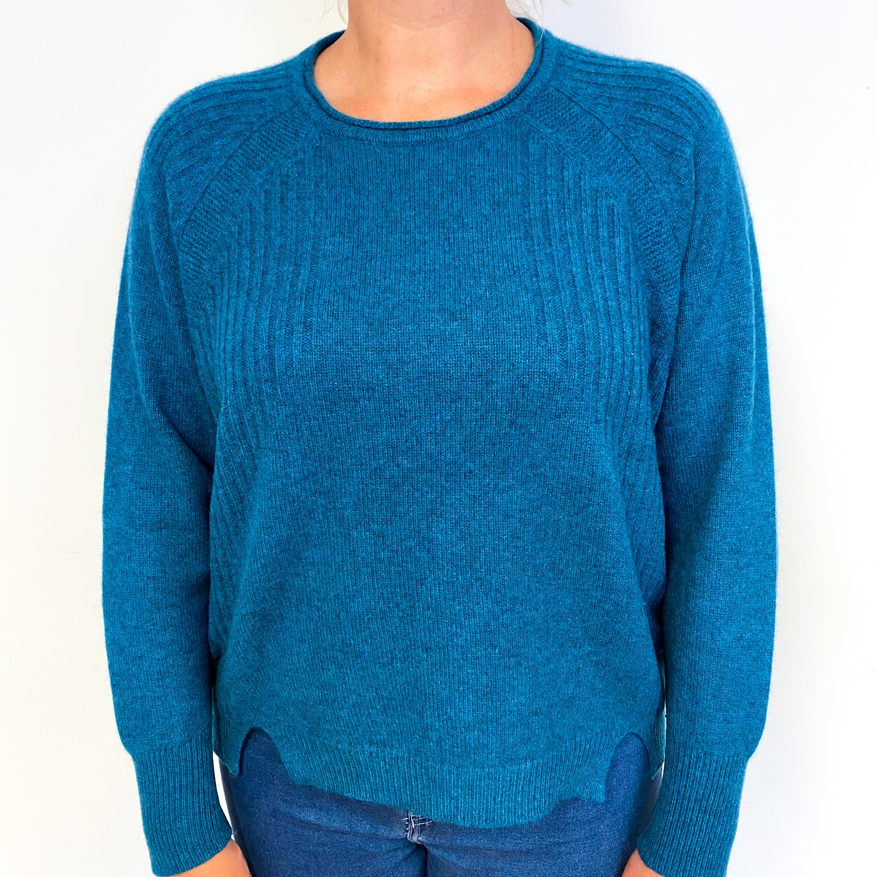Teal Blue Chunky Cashmere Crew Neck Jumper Large