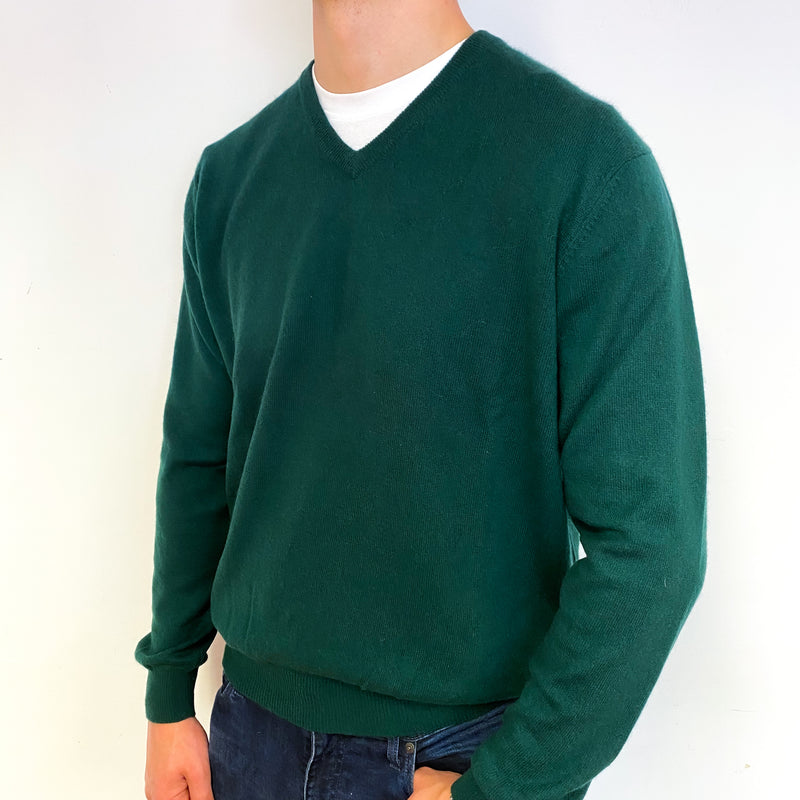 Men's Bottle Green Cashmere V-Neck Jumper Extra Large