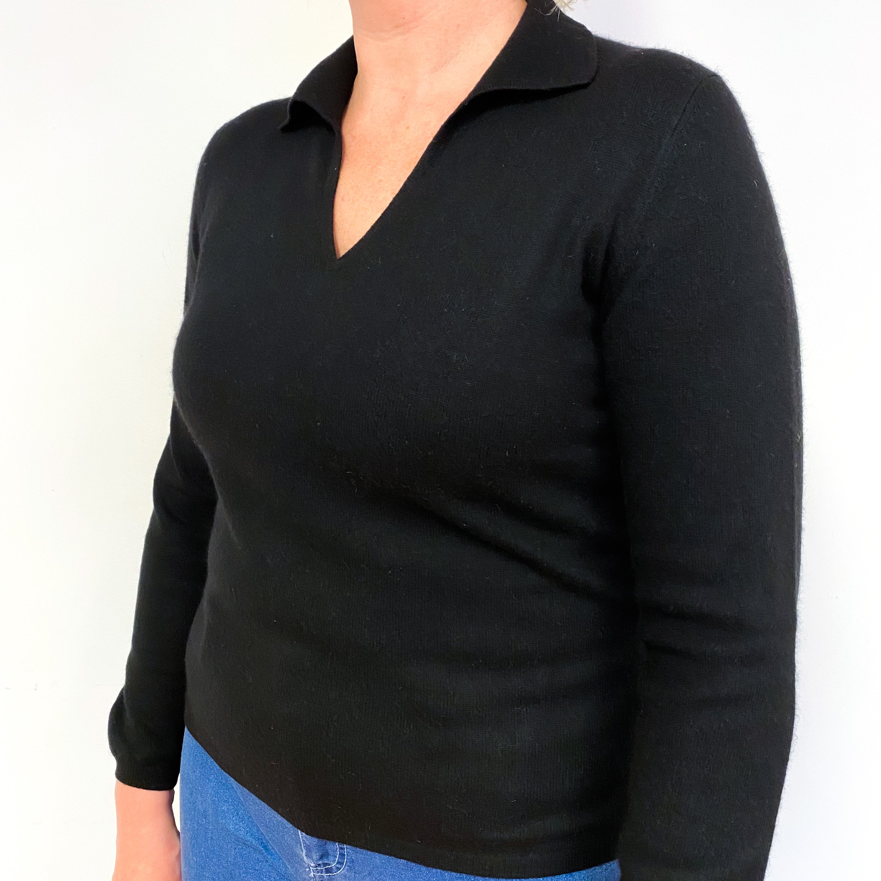 Black Cashmere Collared V-Neck Jumper Large