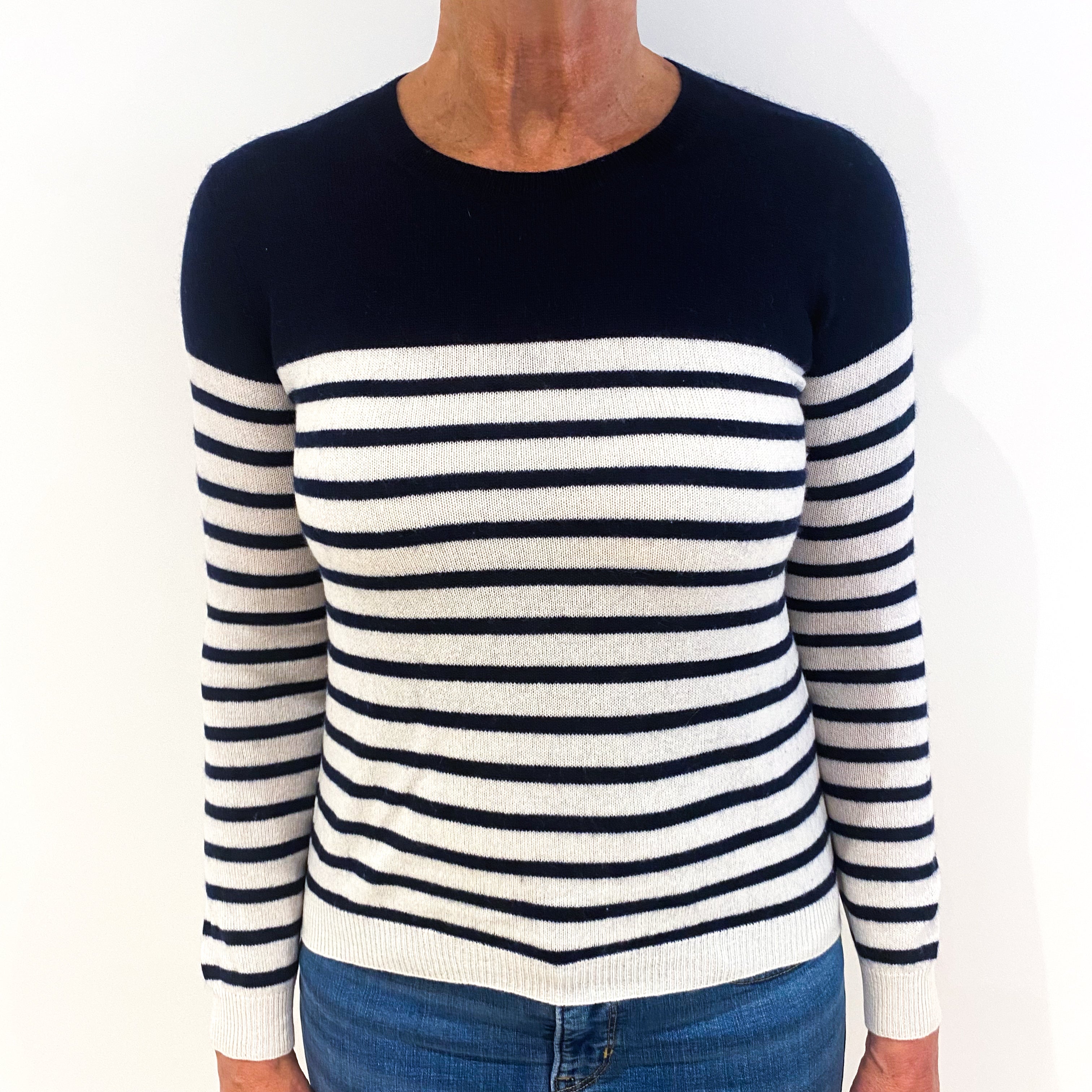 Navy Cream Striped Cashmere Crew Neck Jumper Medium