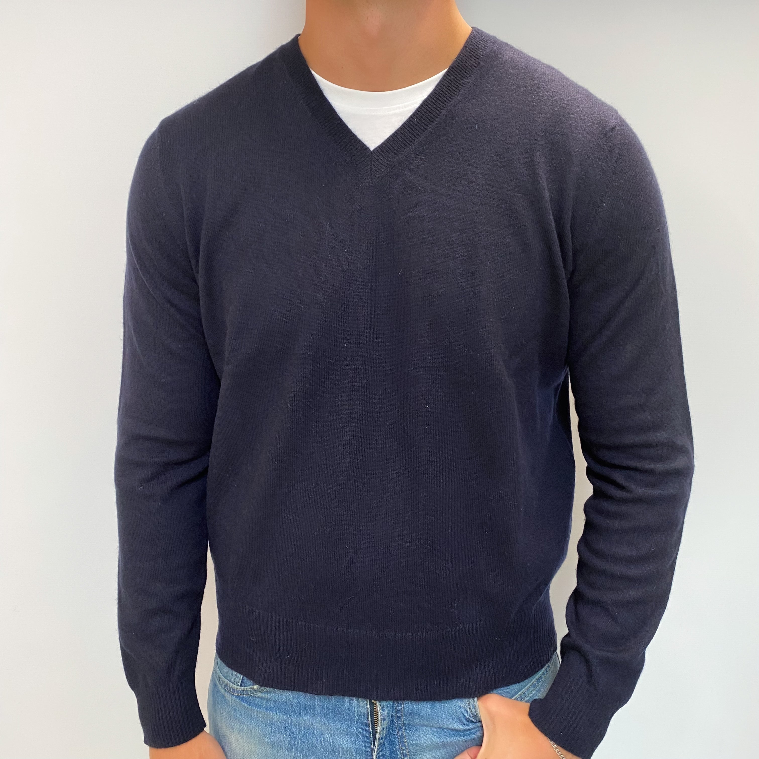 Men's Dark Navy Cashmere V Neck Jumper XXL