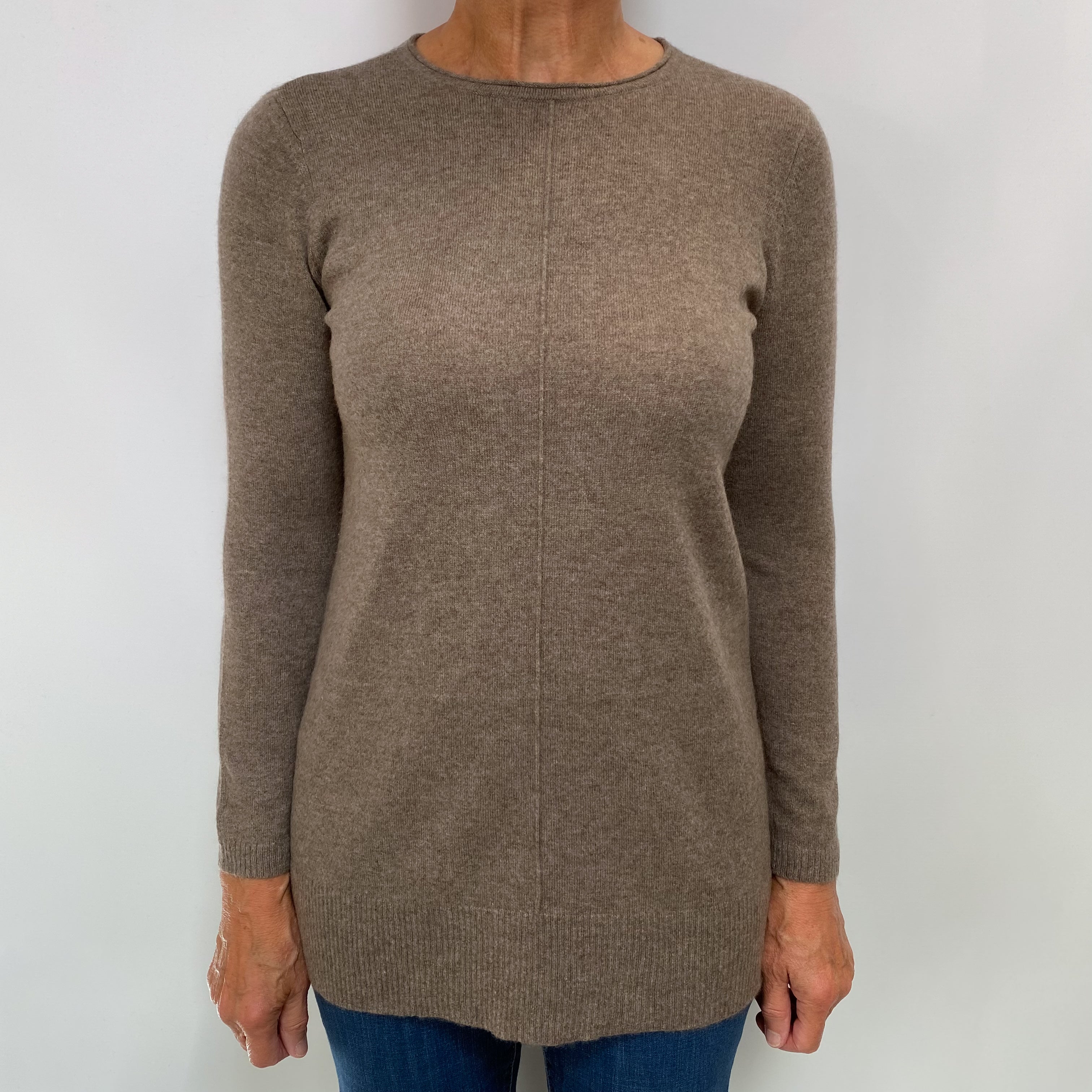 Mocha Brown Cashmere Crew Neck Tunic Style Jumper Medium