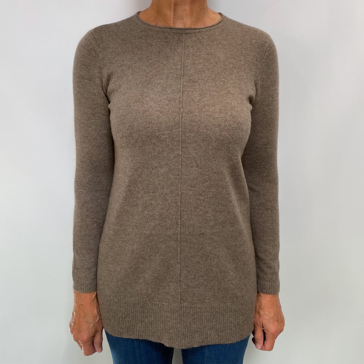Mocha Brown Cashmere Crew Neck Tunic Style Jumper Medium
