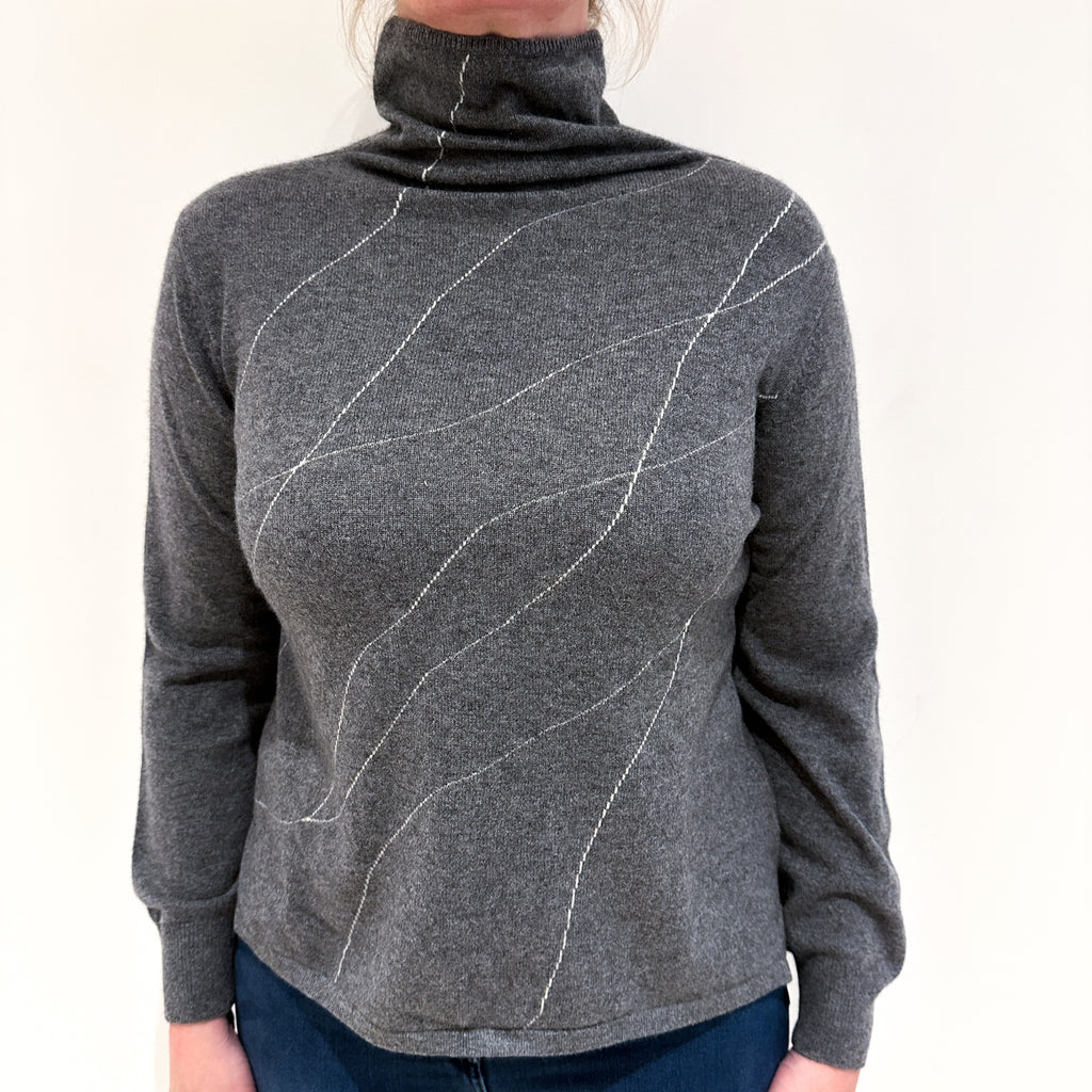 Slate Grey Patterned Cashmere Funnel Neck Jumper Large