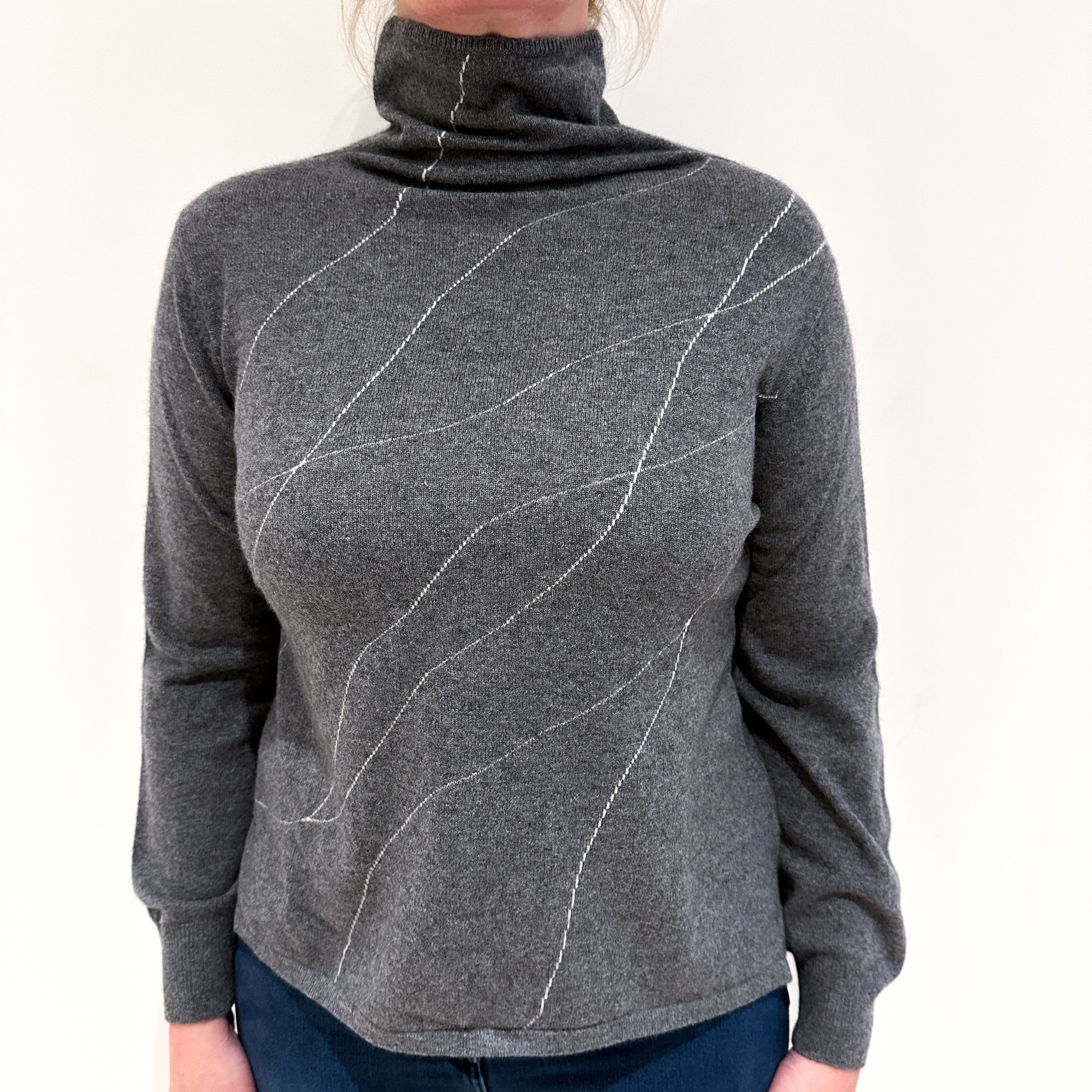 Slate Grey Patterned Cashmere Funnel Neck Jumper Large