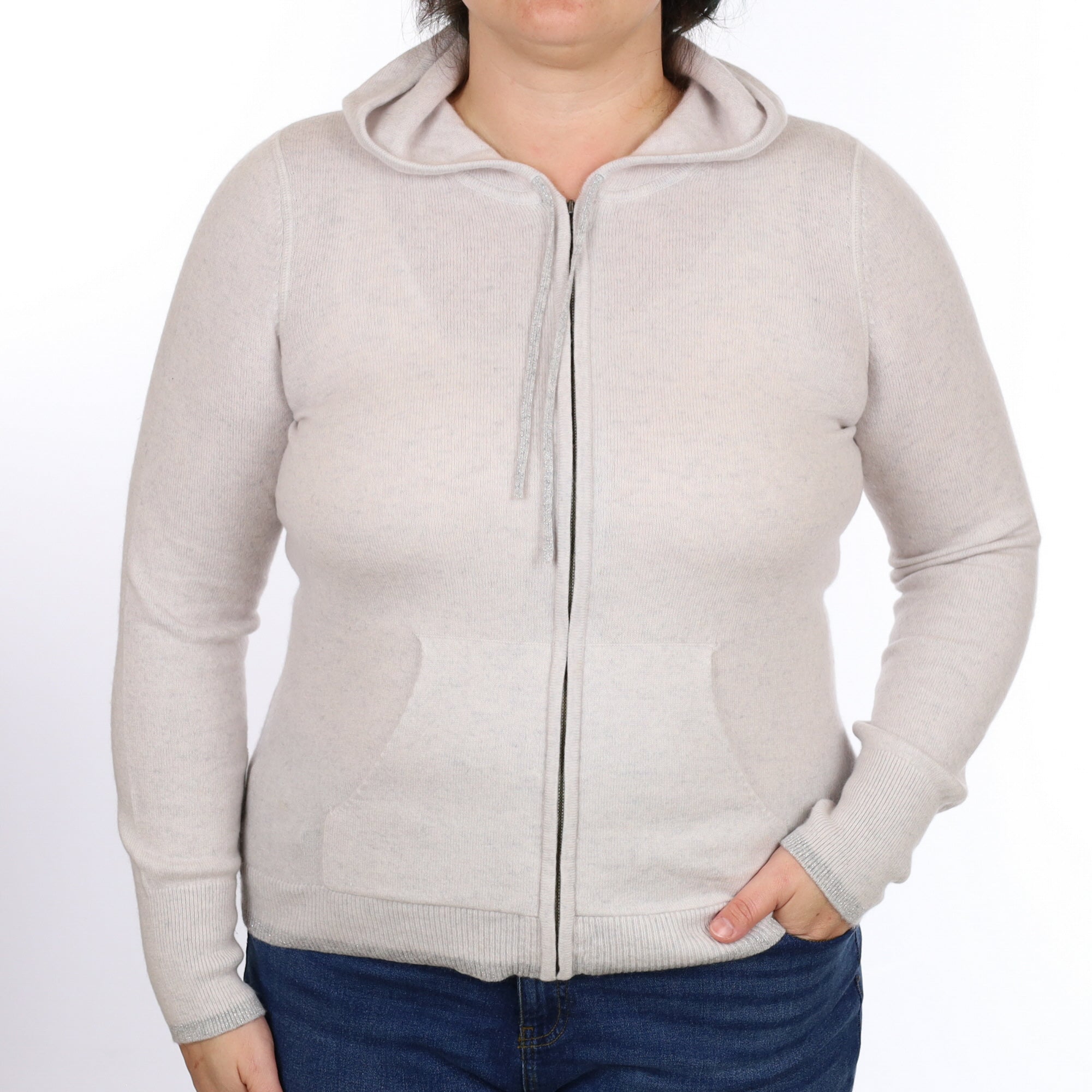 Mist Grey Cashmere Zip Up Hoodie with Pockets Large