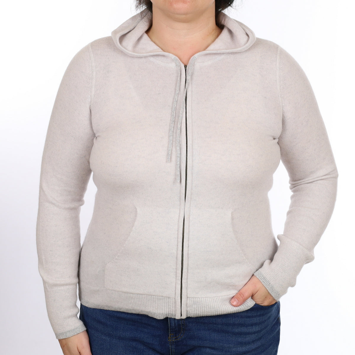 Mist Grey Cashmere Zip Up Hoodie with Pockets Large