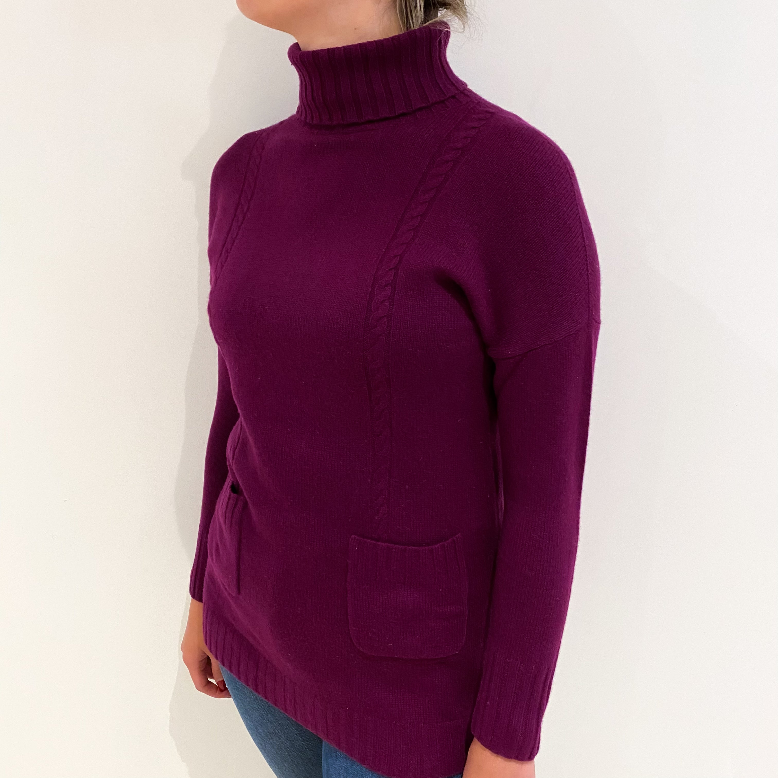 Plum Purple Cashmere Longline Polo Neck Jumper with Pockets Small
