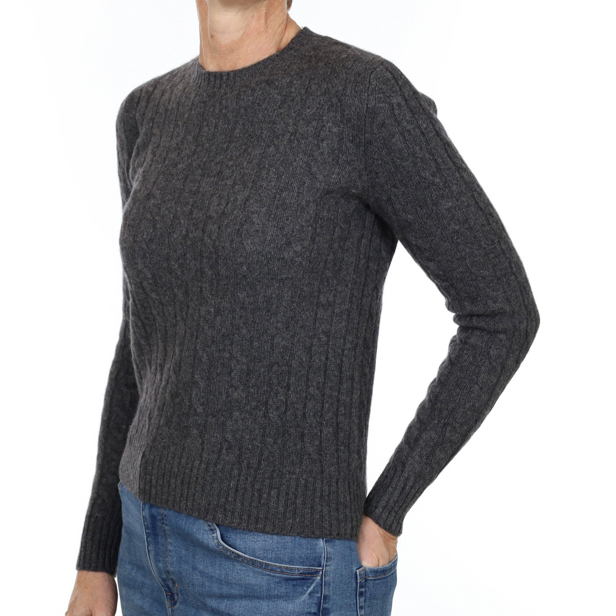 Slate Grey Cable Cashmere Crew Neck Jumper Small