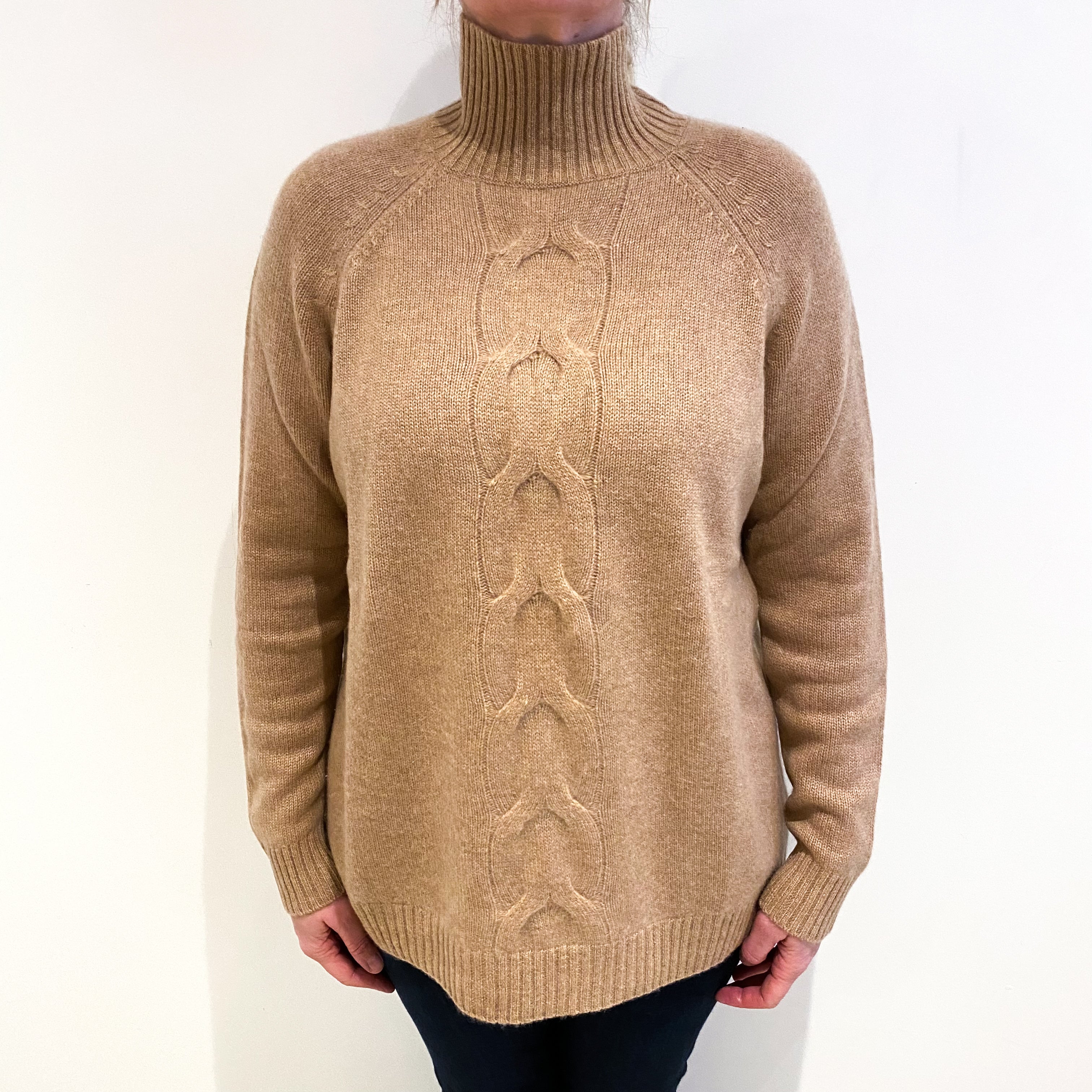 Caramel Brown Cashmere Turtle Neck Cable Knit Jumper Large
