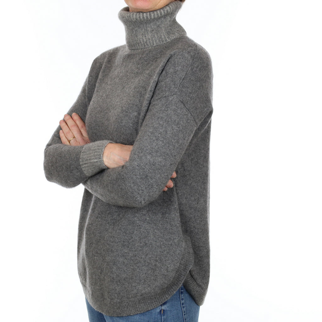 Ash Grey Cashmere Scooped Hem Polo Neck Jumper Small