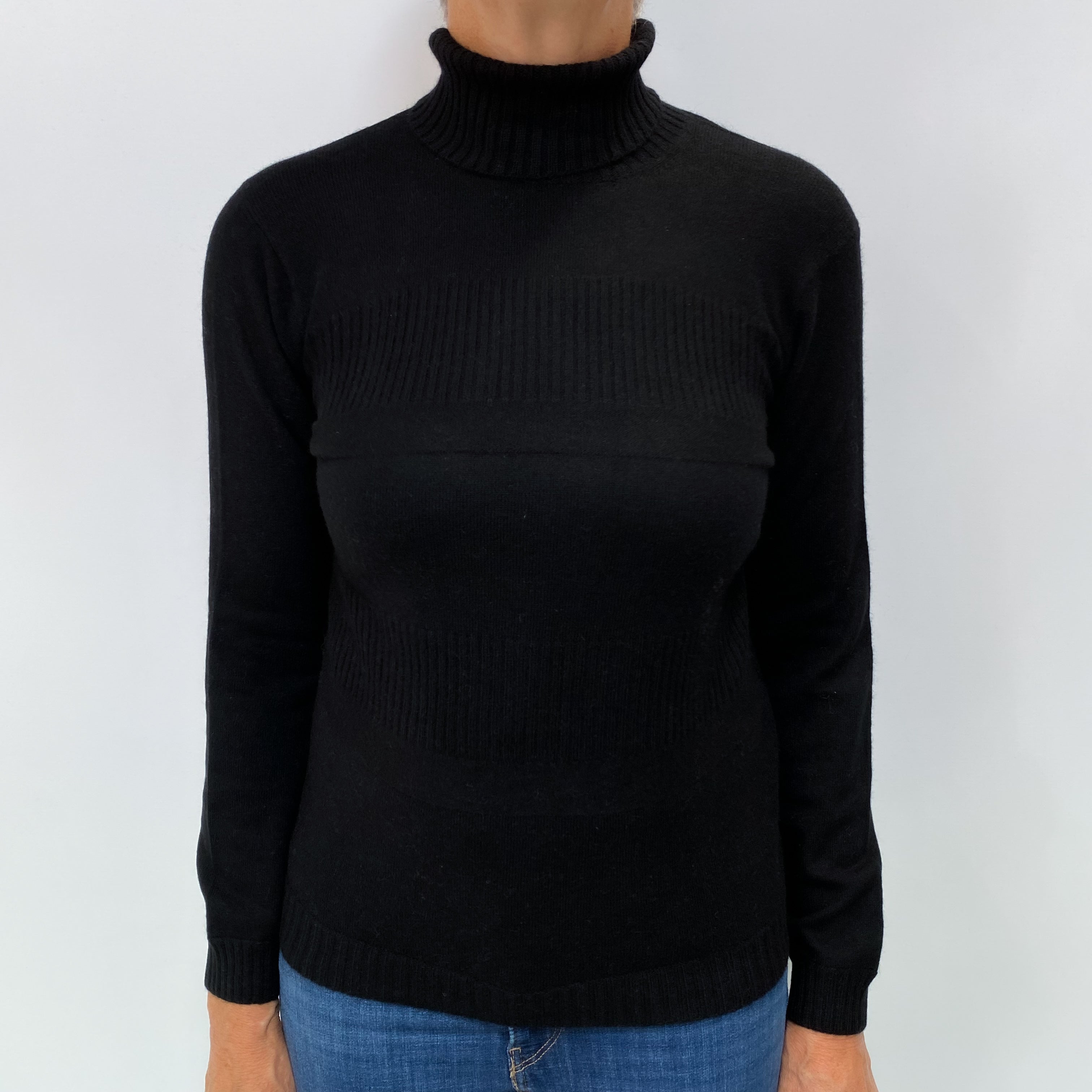 Black Cashmere Polo Neck Rib Jumper Medium