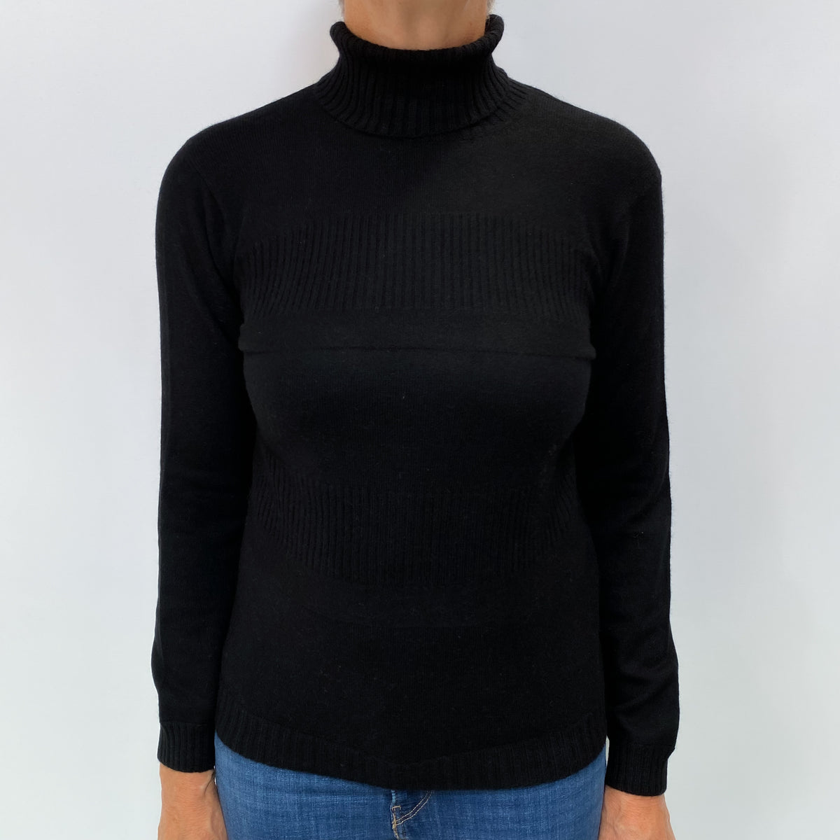 Black Cashmere Polo Neck Rib Jumper Medium