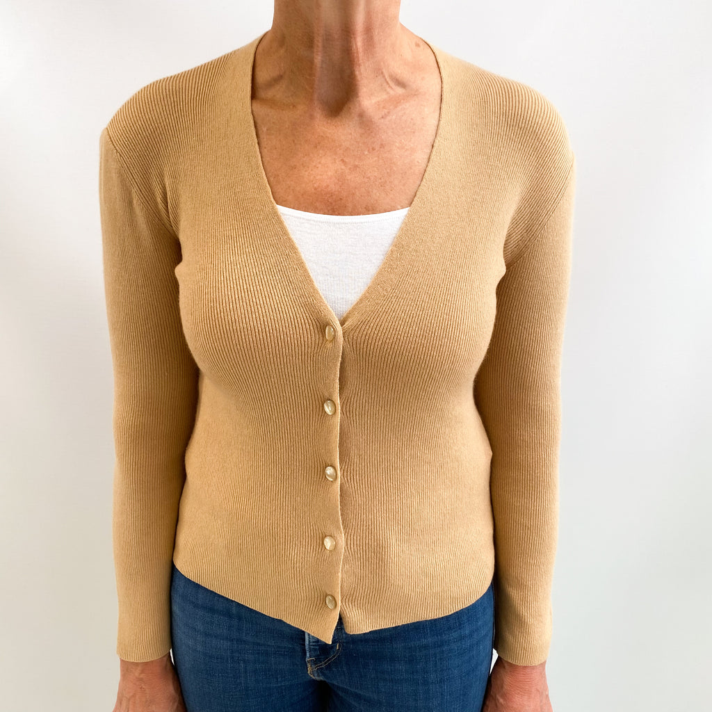 Camel Brown Cashmere V Neck Rib Cardigan Medium