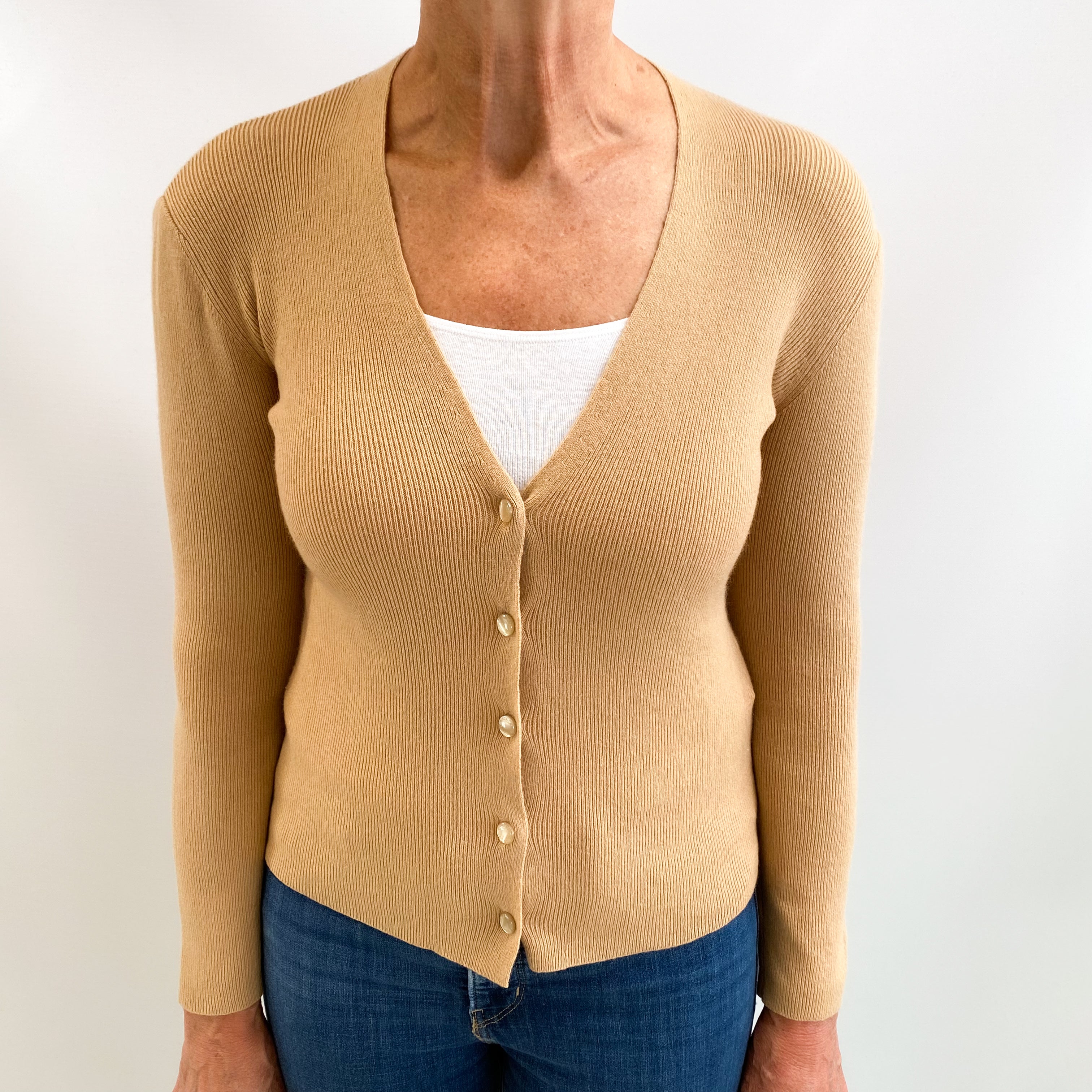 Camel Brown Cashmere V Neck Rib Cardigan Medium