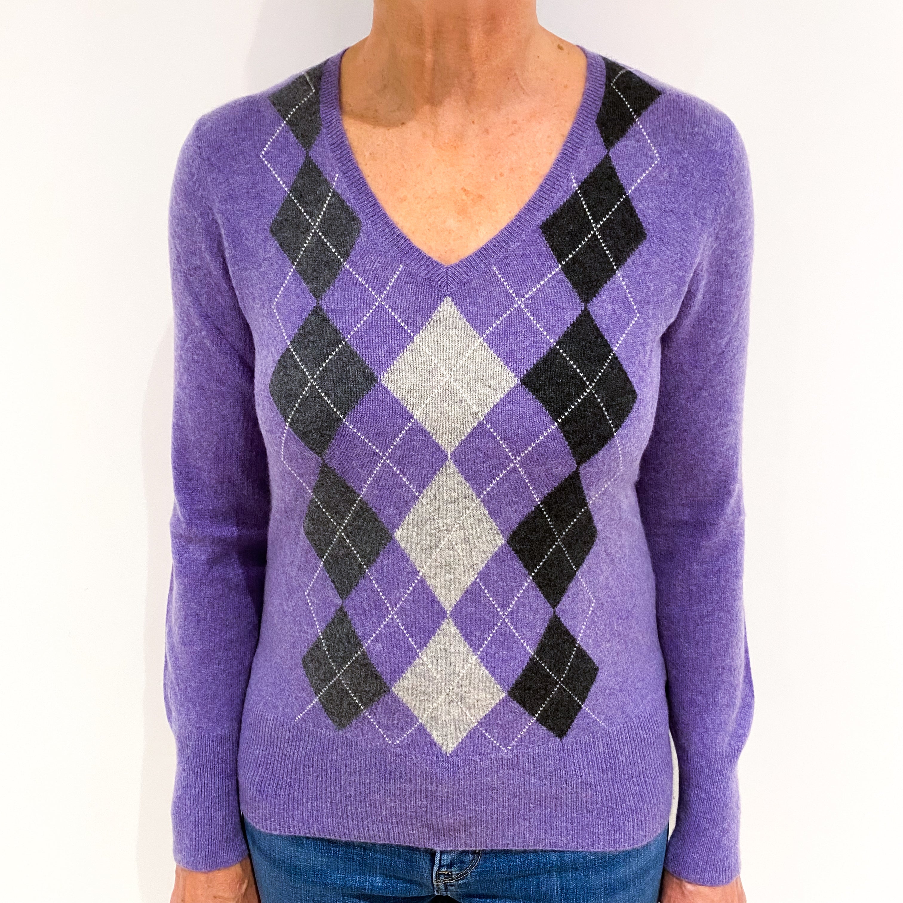 Amethyst Purple Argyle Cashmere V Neck Jumper Medium