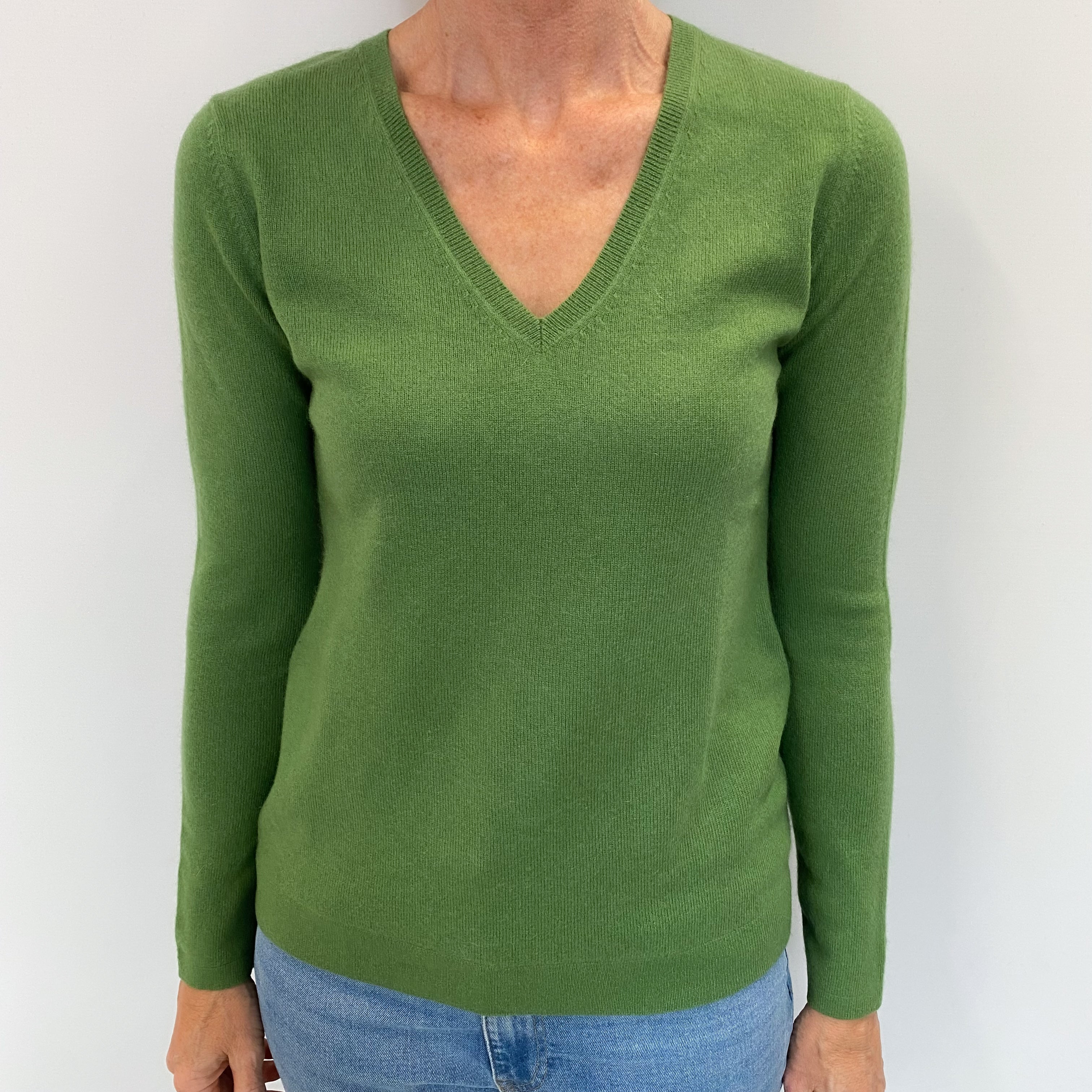 Fern Green Cashmere V Neck Jumper Small
