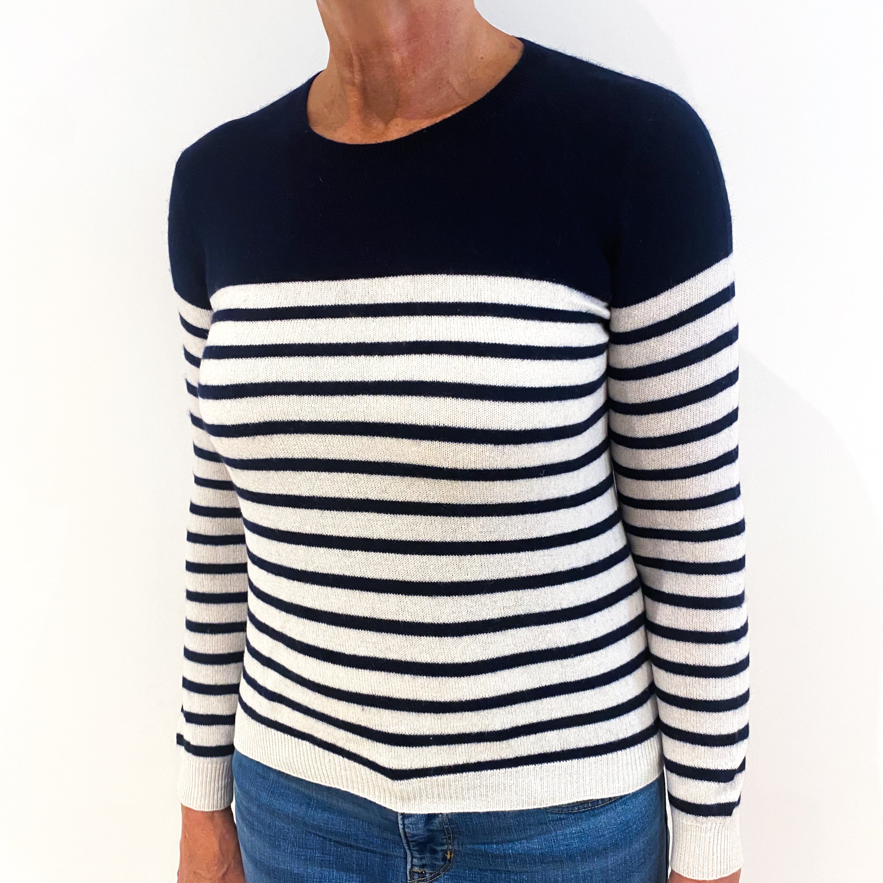 Navy Cream Striped Cashmere Crew Neck Jumper Medium