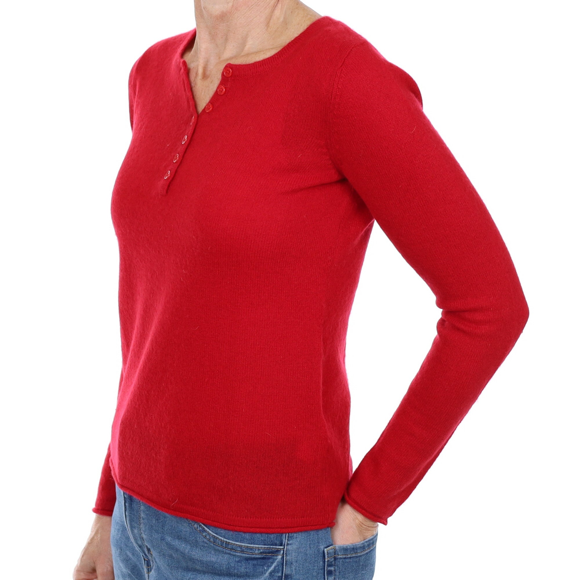 Post Box Red Cashmere Button Up V Neck Jumper Small