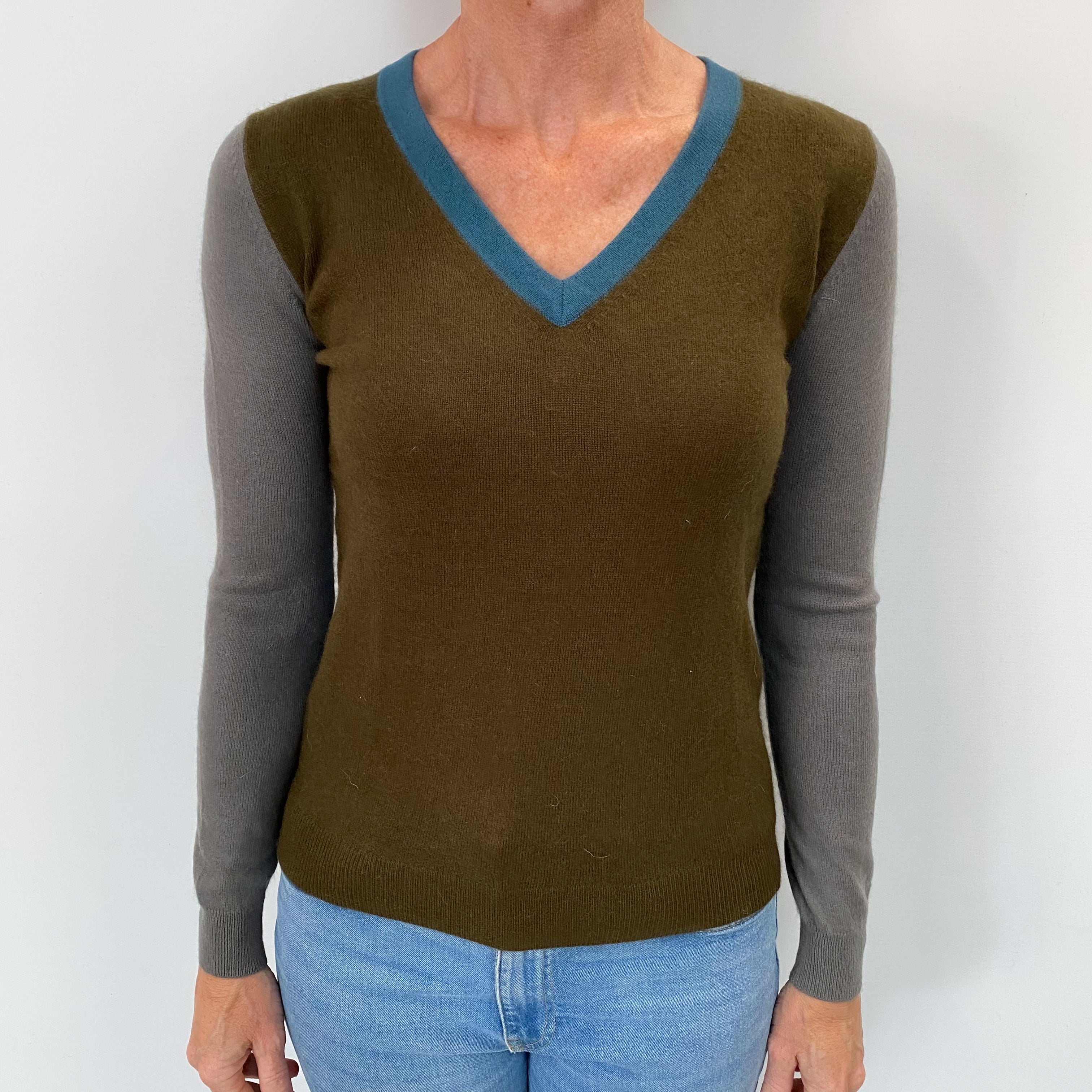 Blue Khaki and Grey Cashmere V Neck Jumper Small